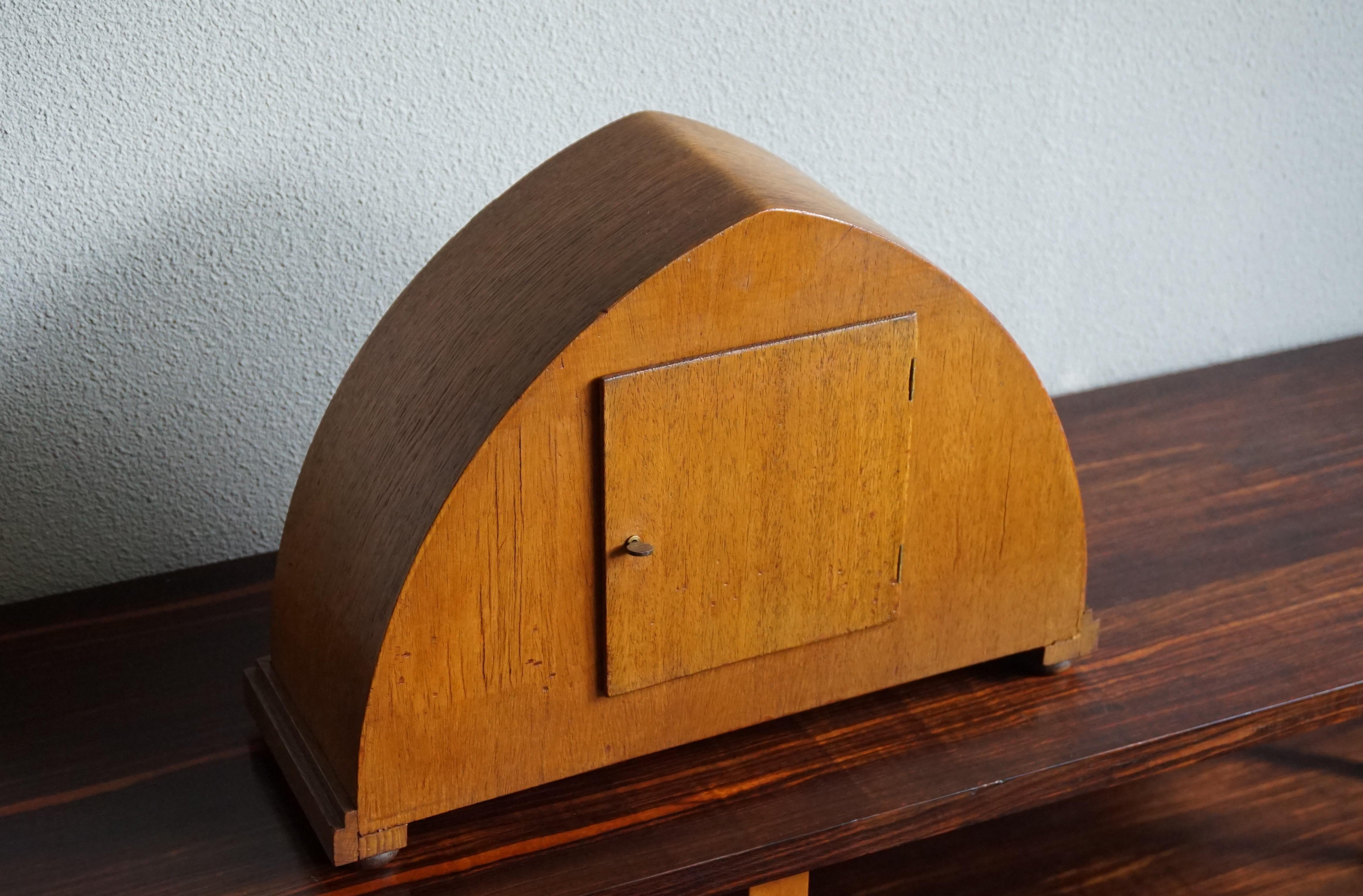 Art Deco Oak, Cocobolo & Mahogany Mantle or Desk Clock w. Chrome Metal Numerals 1