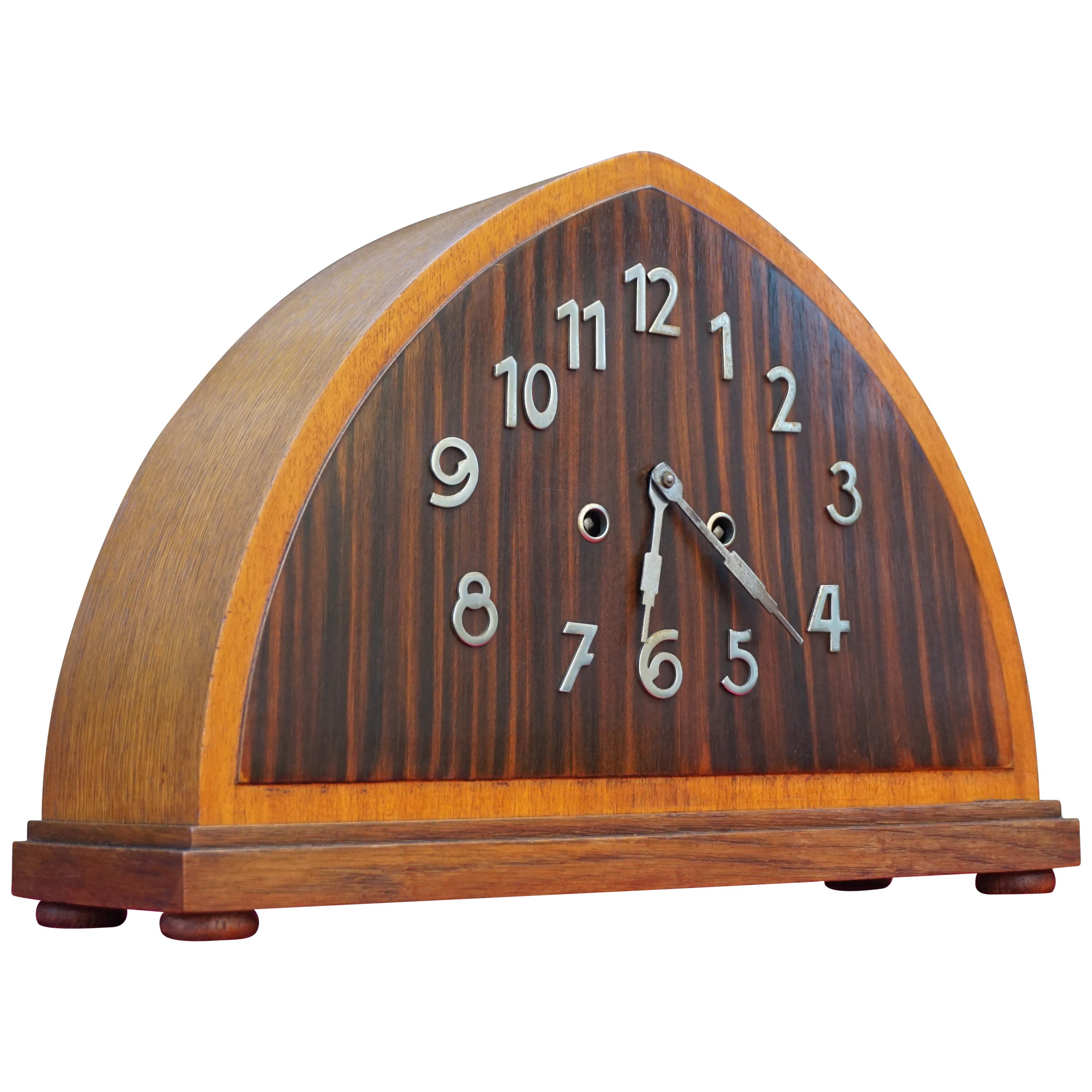 Art Deco Oak, Cocobolo & Mahogany Mantle or Desk Clock w. Chrome Metal Numerals