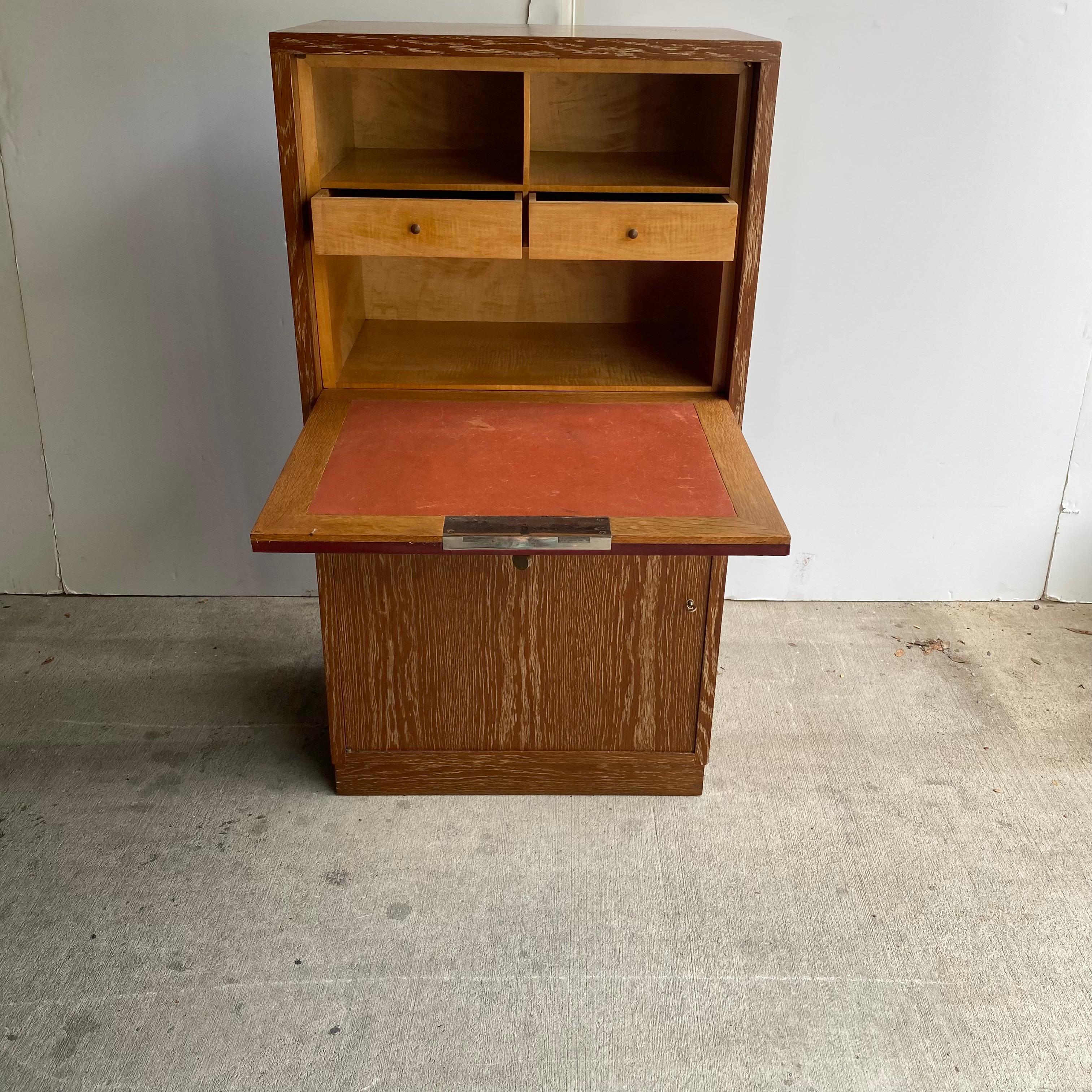 Leather Art Deco Oak Secretary Cabinet by Dudouyt, France, 1930's