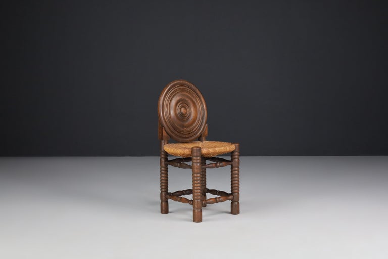 Art Deco Oak Side Chair with Circular Patterns in the Back with a Rush ...