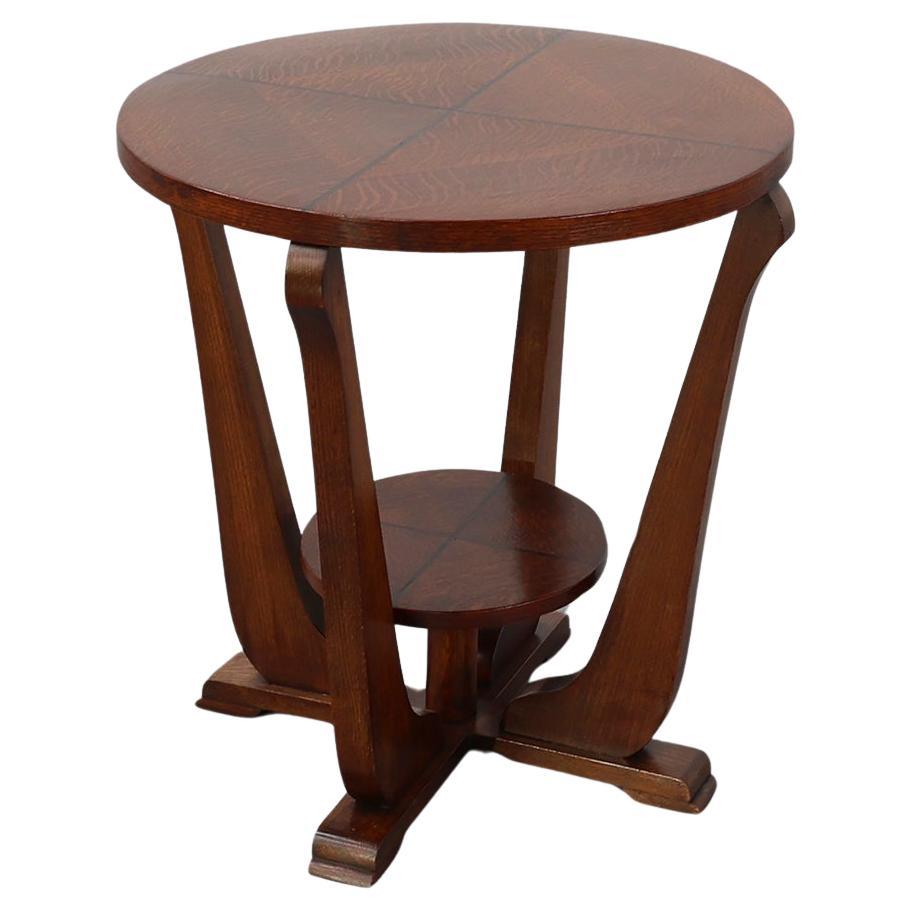 Art Deco Oak Side Table with Sculptural Base and Geometric Top, Belgium ca. 1920