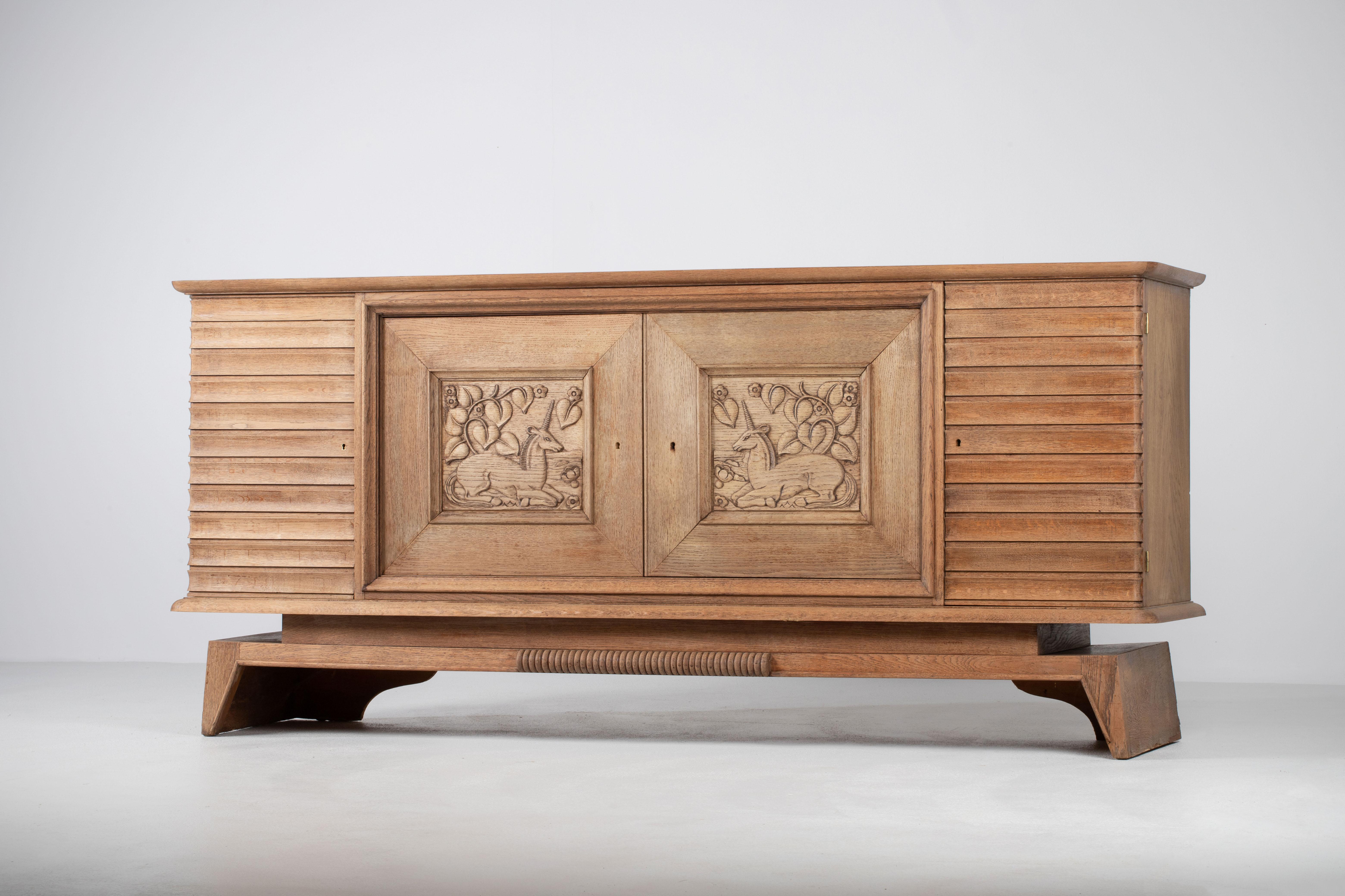Art Deco Oak Sideboard with Carved Unicorn, France, 1940s 2