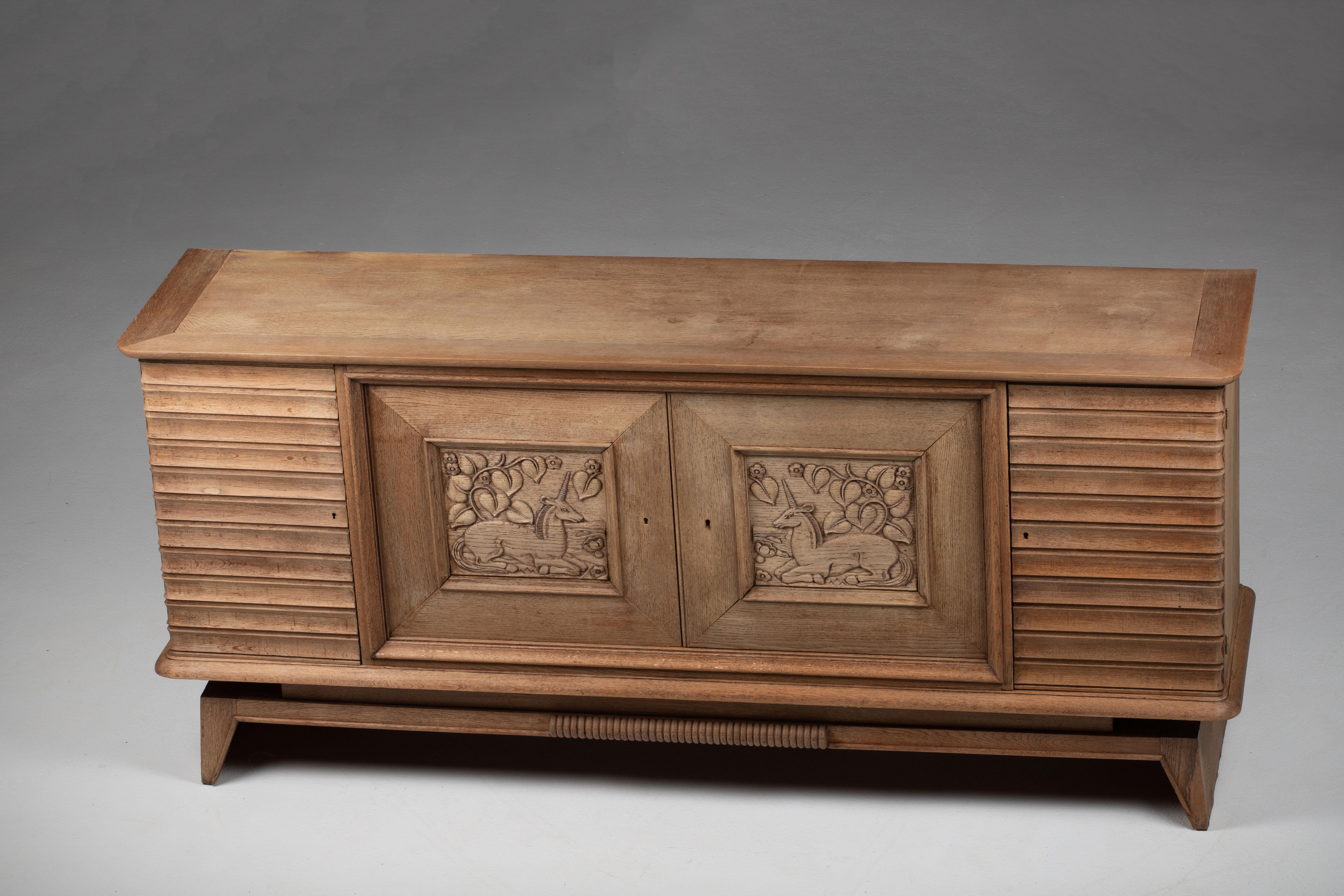 Art Deco Oak Sideboard with Carved Unicorn, France, 1940s 10