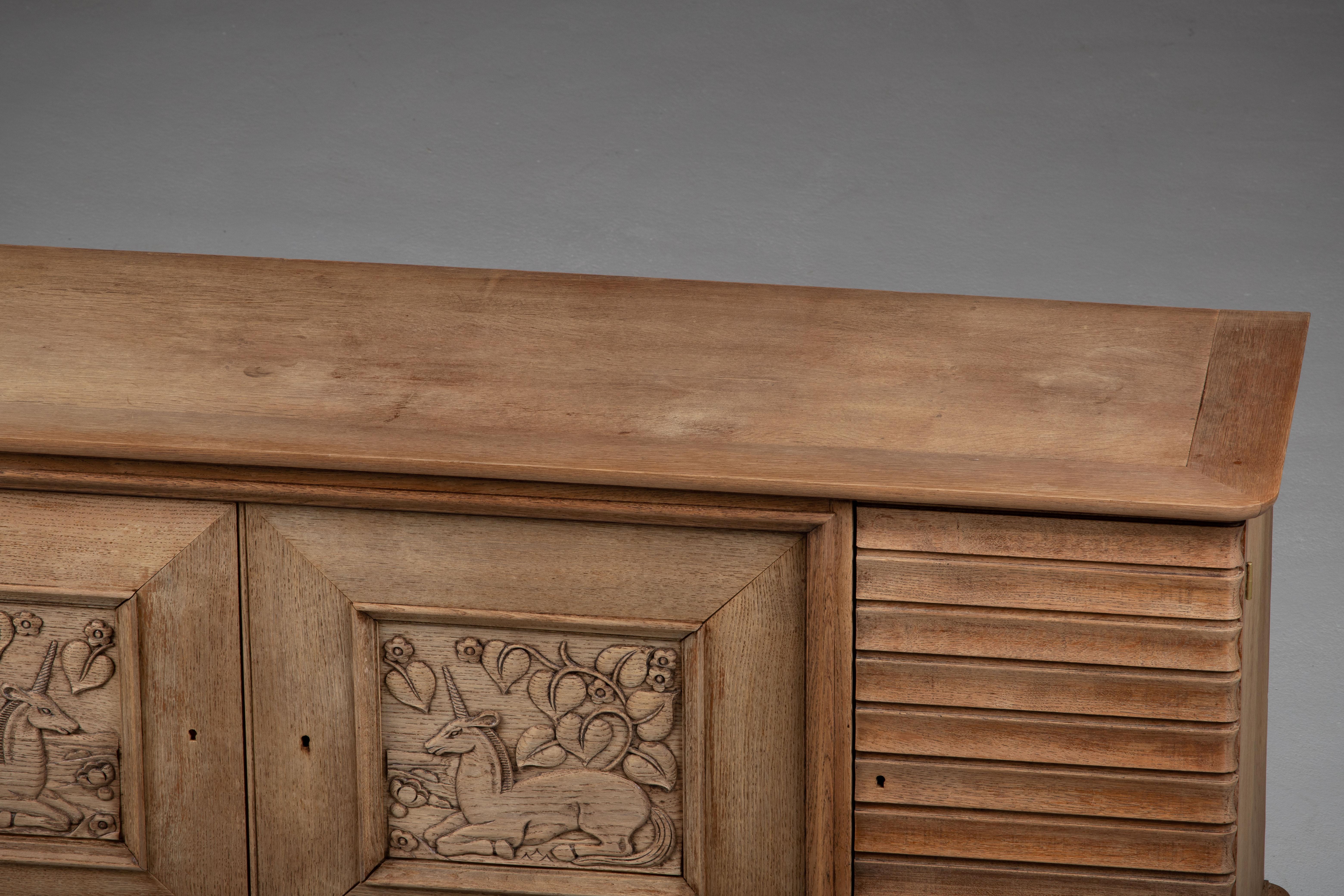 Art Deco Oak Sideboard with Carved Unicorn, France, 1940s 11