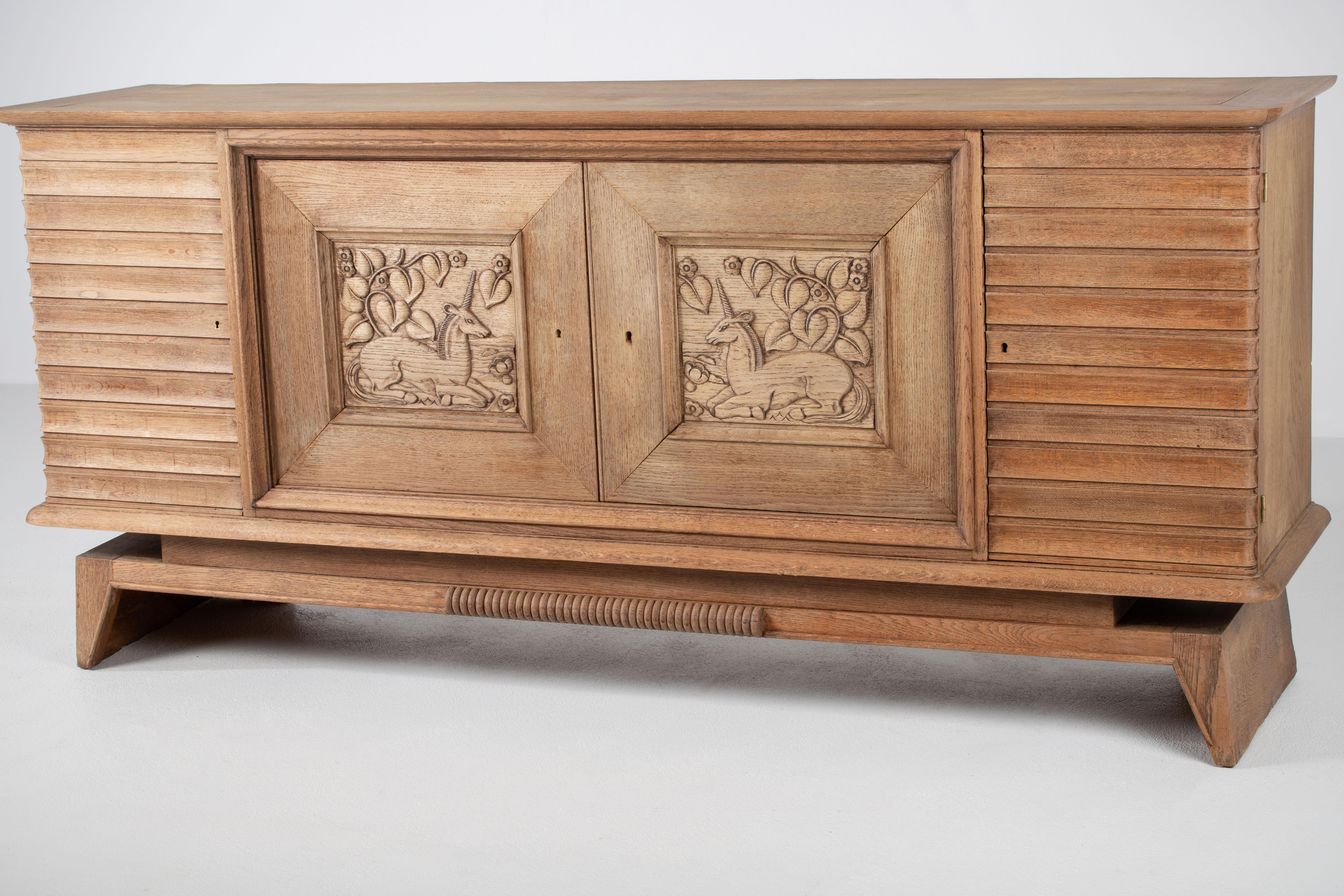 Art Deco Oak Sideboard with Carved Unicorn, France, 1940s 7