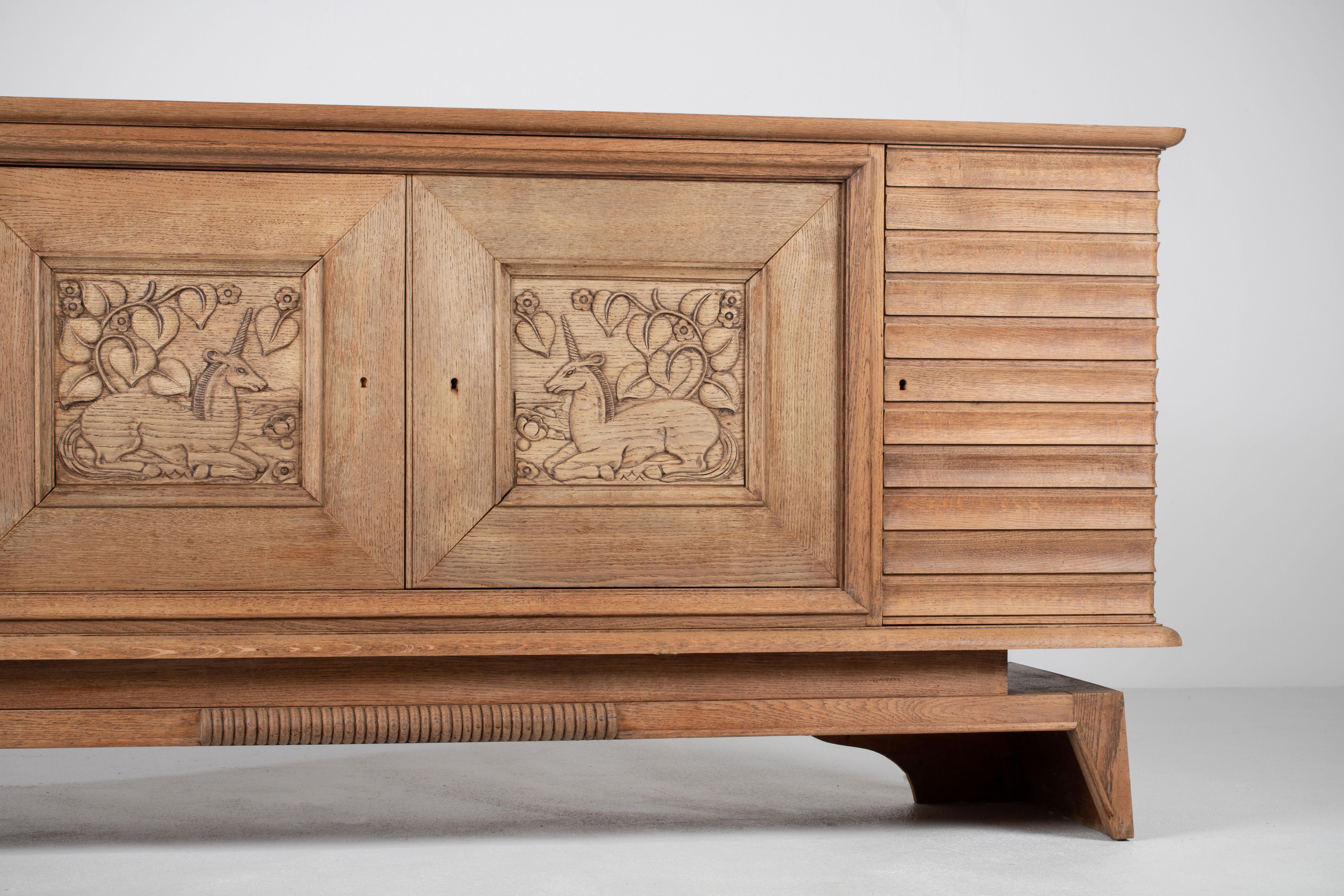 Art Deco Oak Sideboard with Carved Unicorn, France, 1940s 8