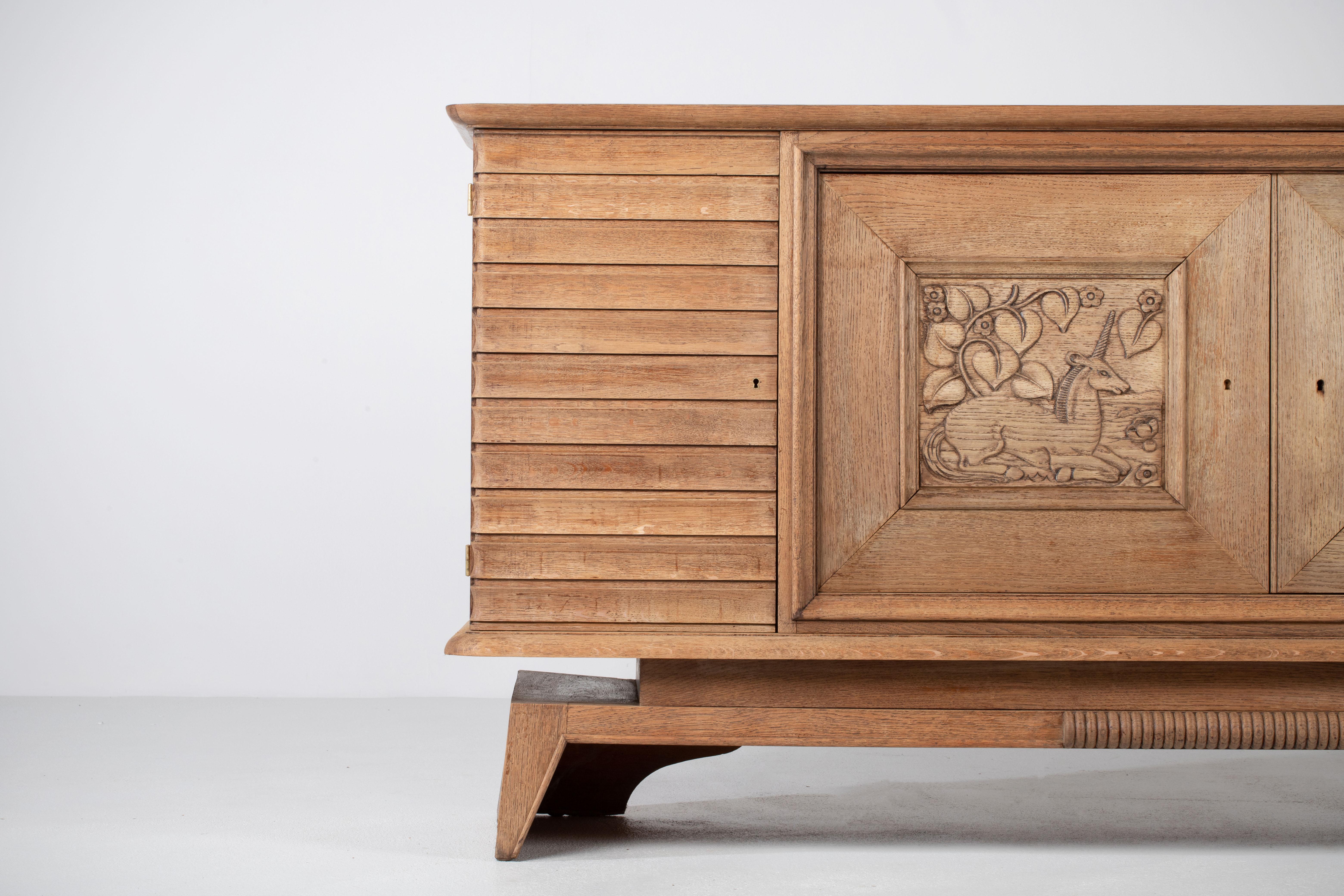 Art Deco Oak Sideboard with Carved Unicorn, France, 1940s 9