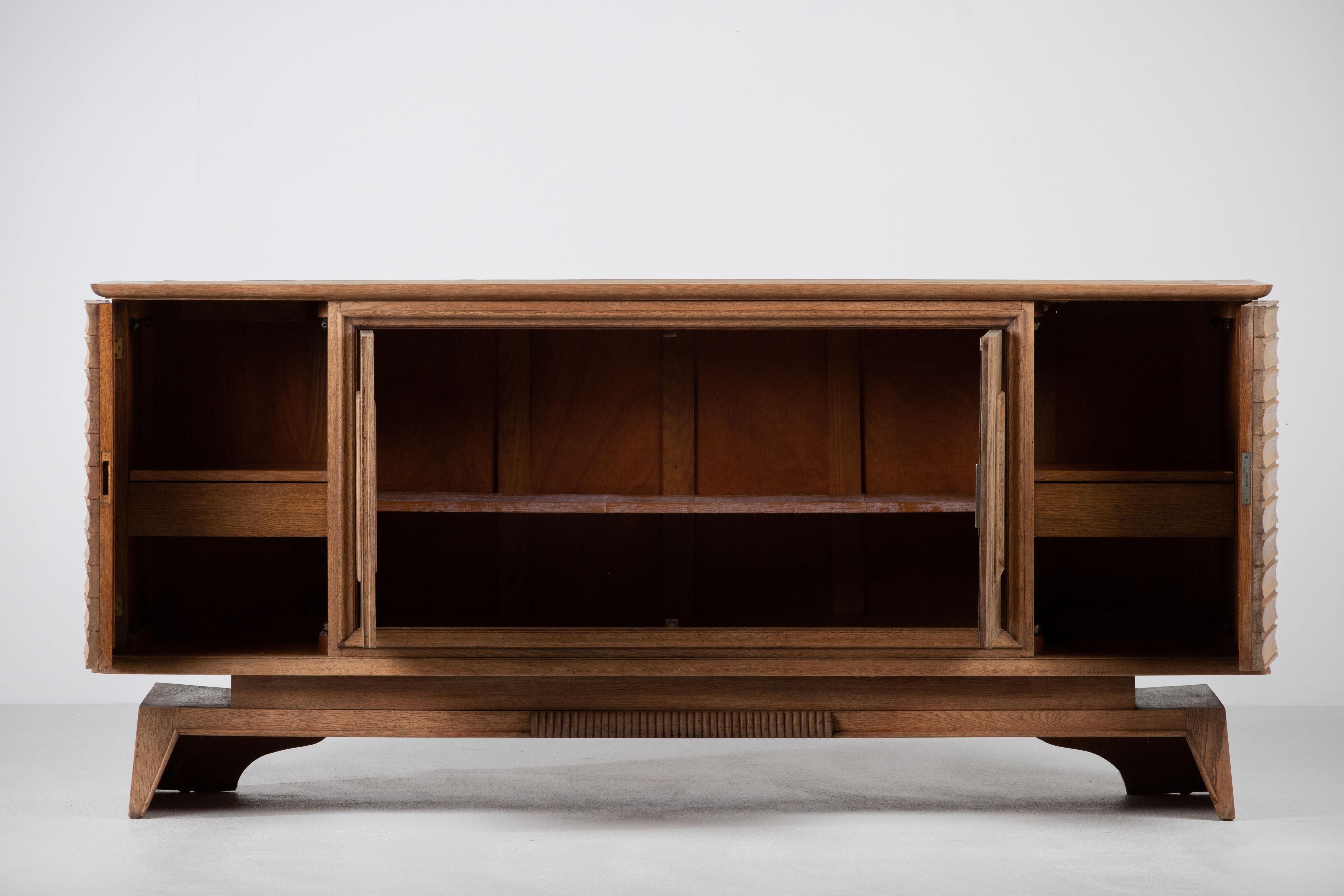 Mid-Century Modern Art Deco Oak Sideboard with Carved Unicorn, France, 1940s