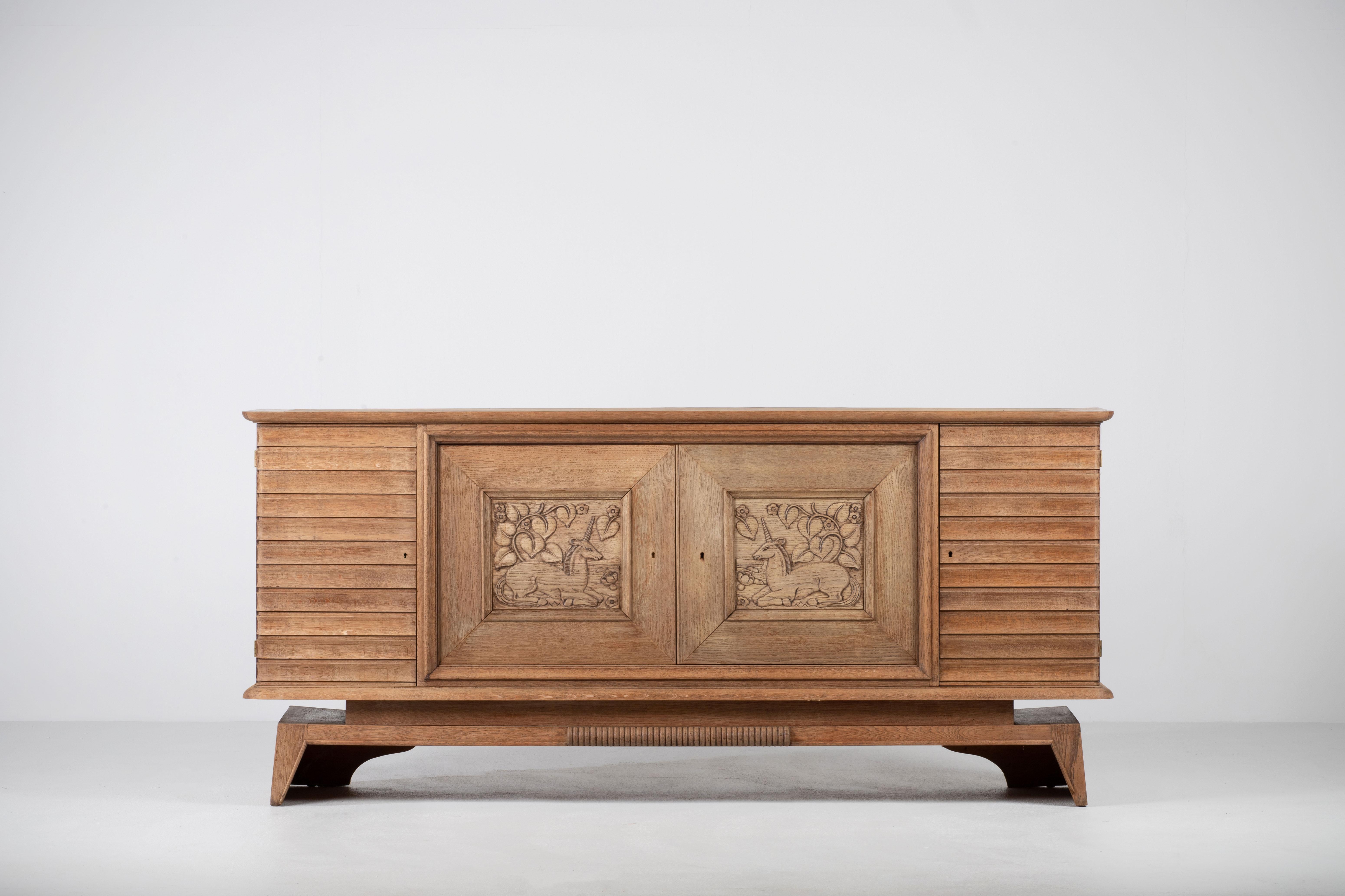 Mid-20th Century Art Deco Oak Sideboard with Carved Unicorn, France, 1940s