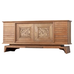 Art Deco Oak Sideboard with Carved Unicorn, France, 1940s