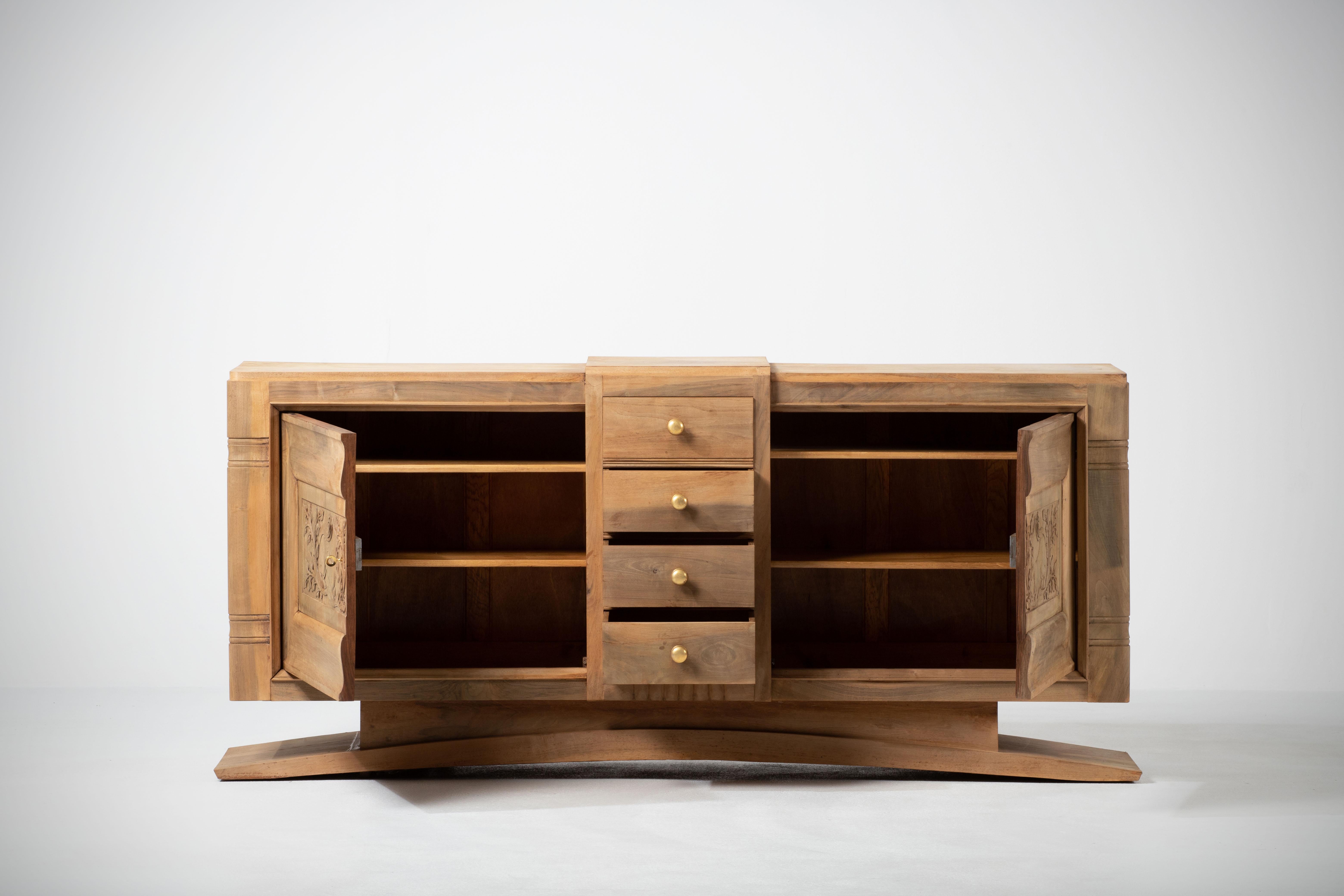 French Provincial Art Deco Oak Sideboard with Handcarved Doors, France, 1940s For Sale