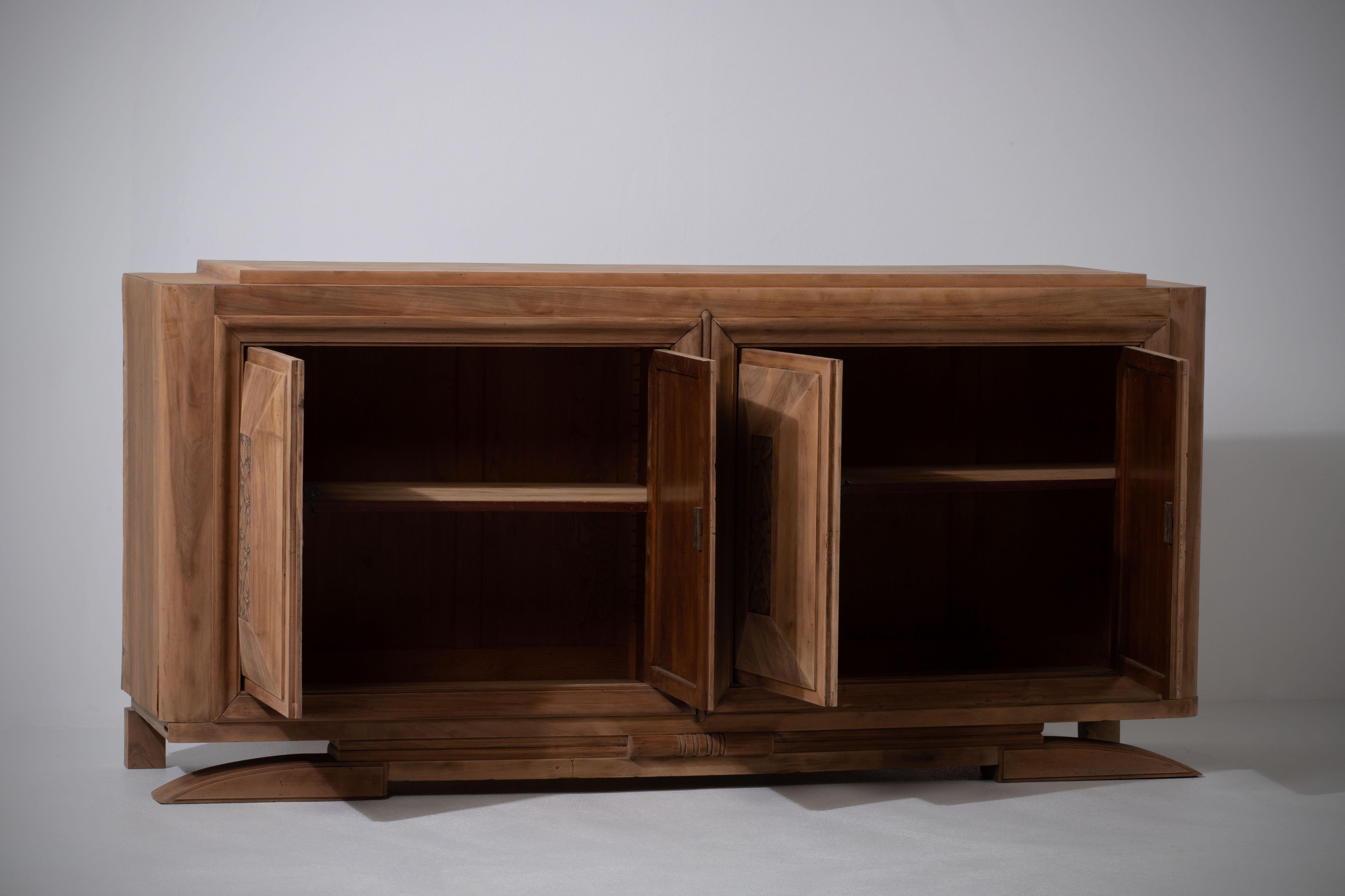 French Provincial Art Deco Oak Sideboard with Handcarved Doors, France, 1940s For Sale