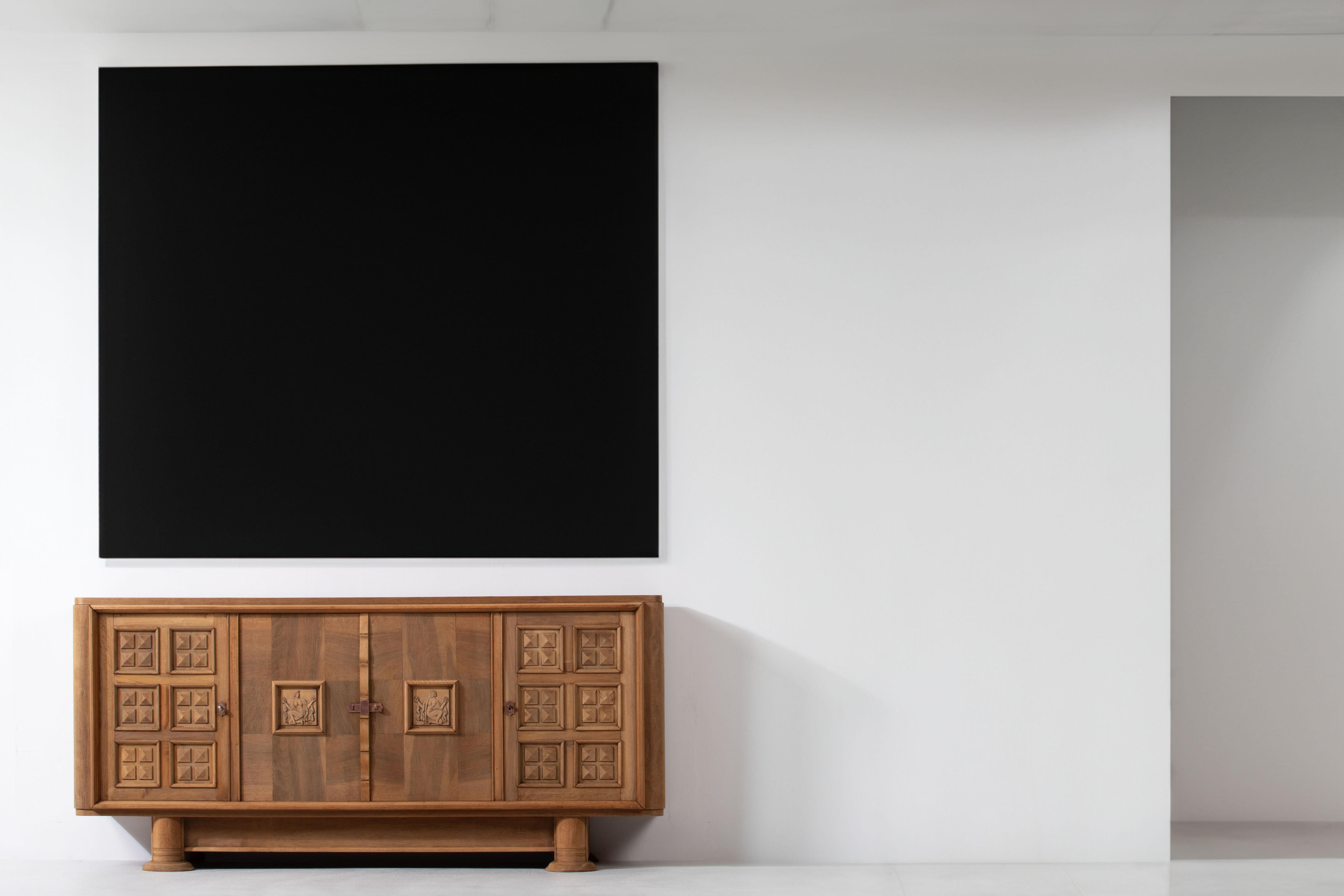 French Art Deco Oak Sideboard with Handcarved Doors, France, 1940s For Sale