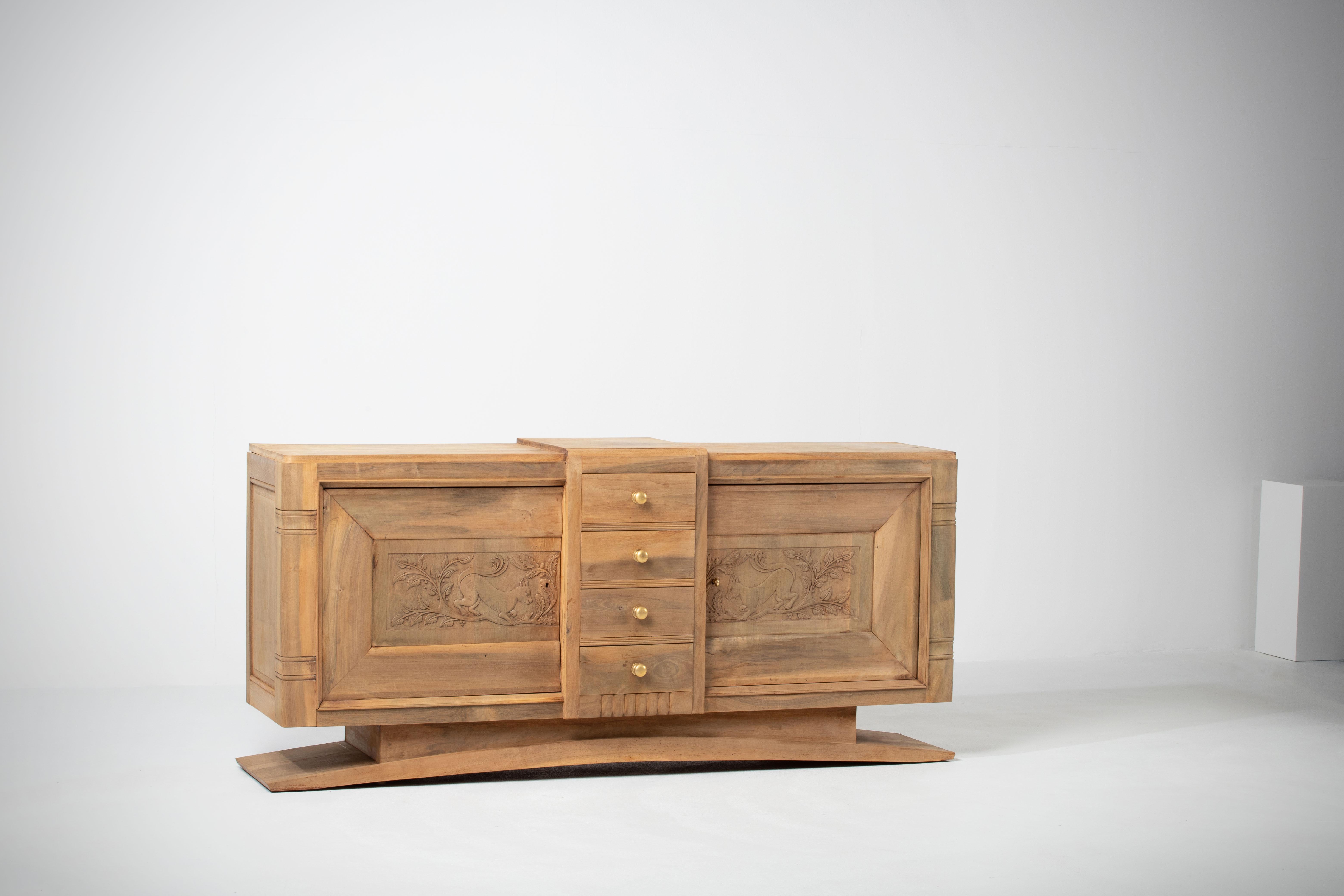 French Art Deco Oak Sideboard with Handcarved Doors, France, 1940s For Sale