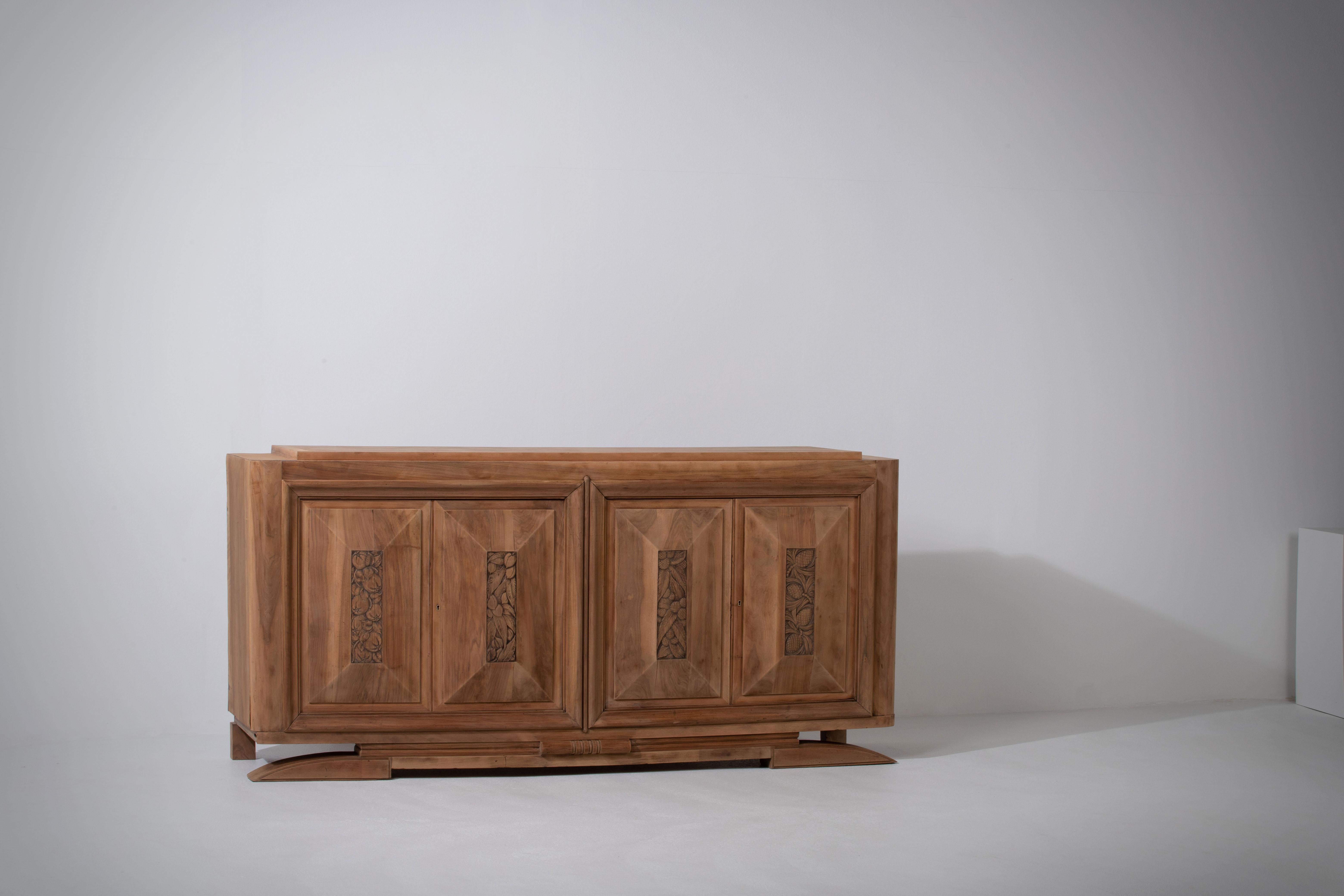 French Art Deco Oak Sideboard with Handcarved Doors, France, 1940s For Sale