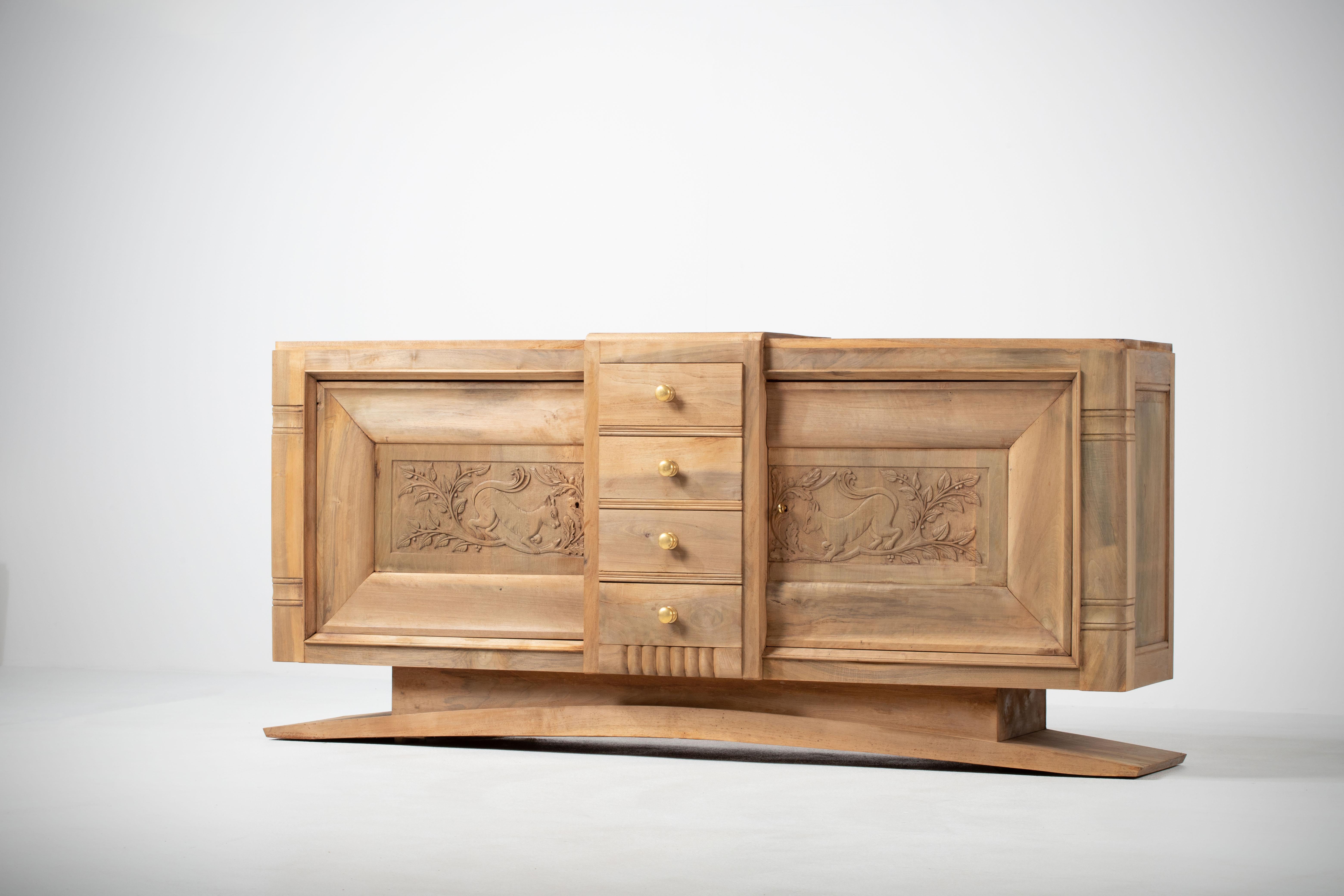 Mid-20th Century Art Deco Oak Sideboard with Handcarved Doors, France, 1940s For Sale