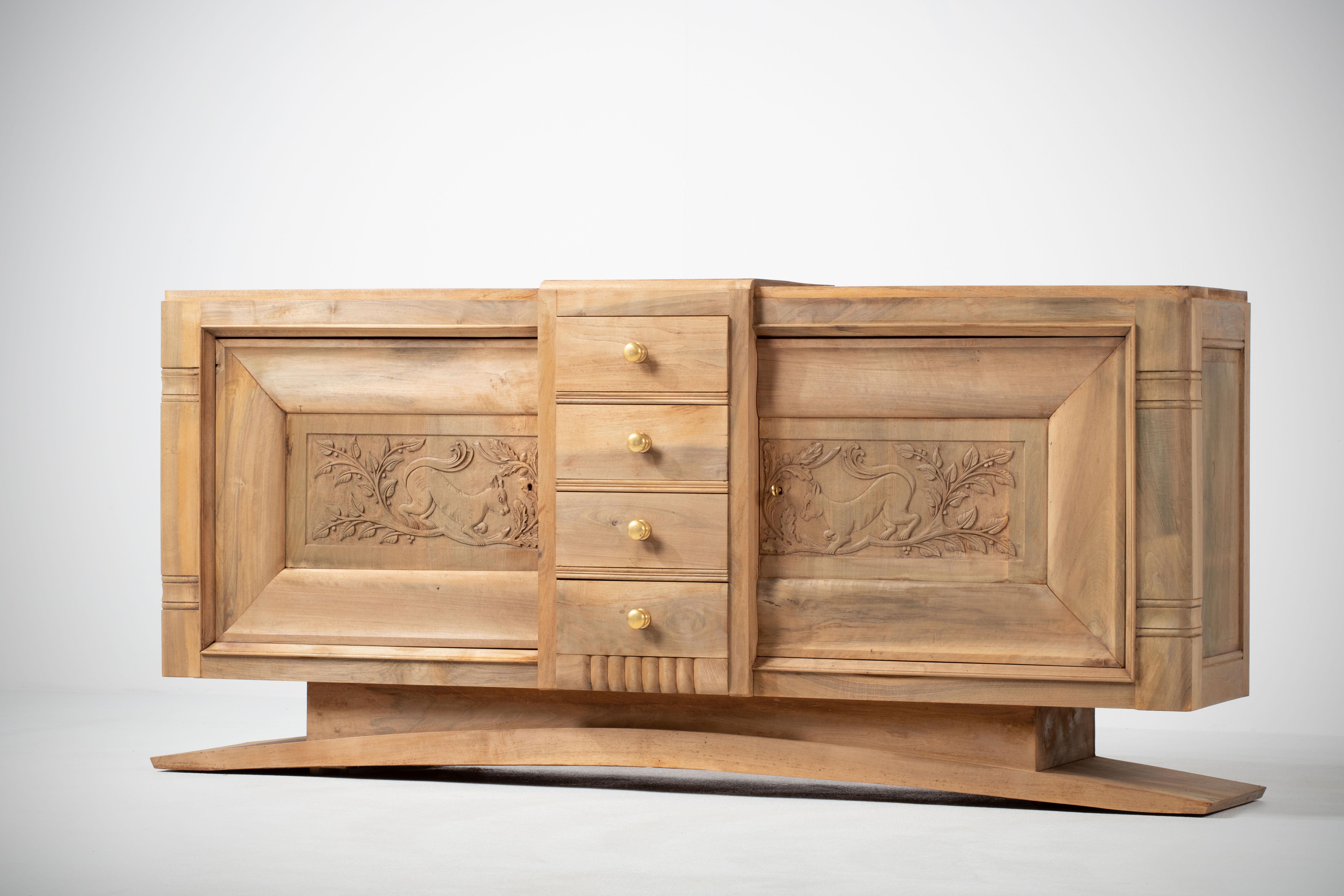 Art Deco Oak Sideboard with Handcarved Doors, France, 1940s For Sale 1