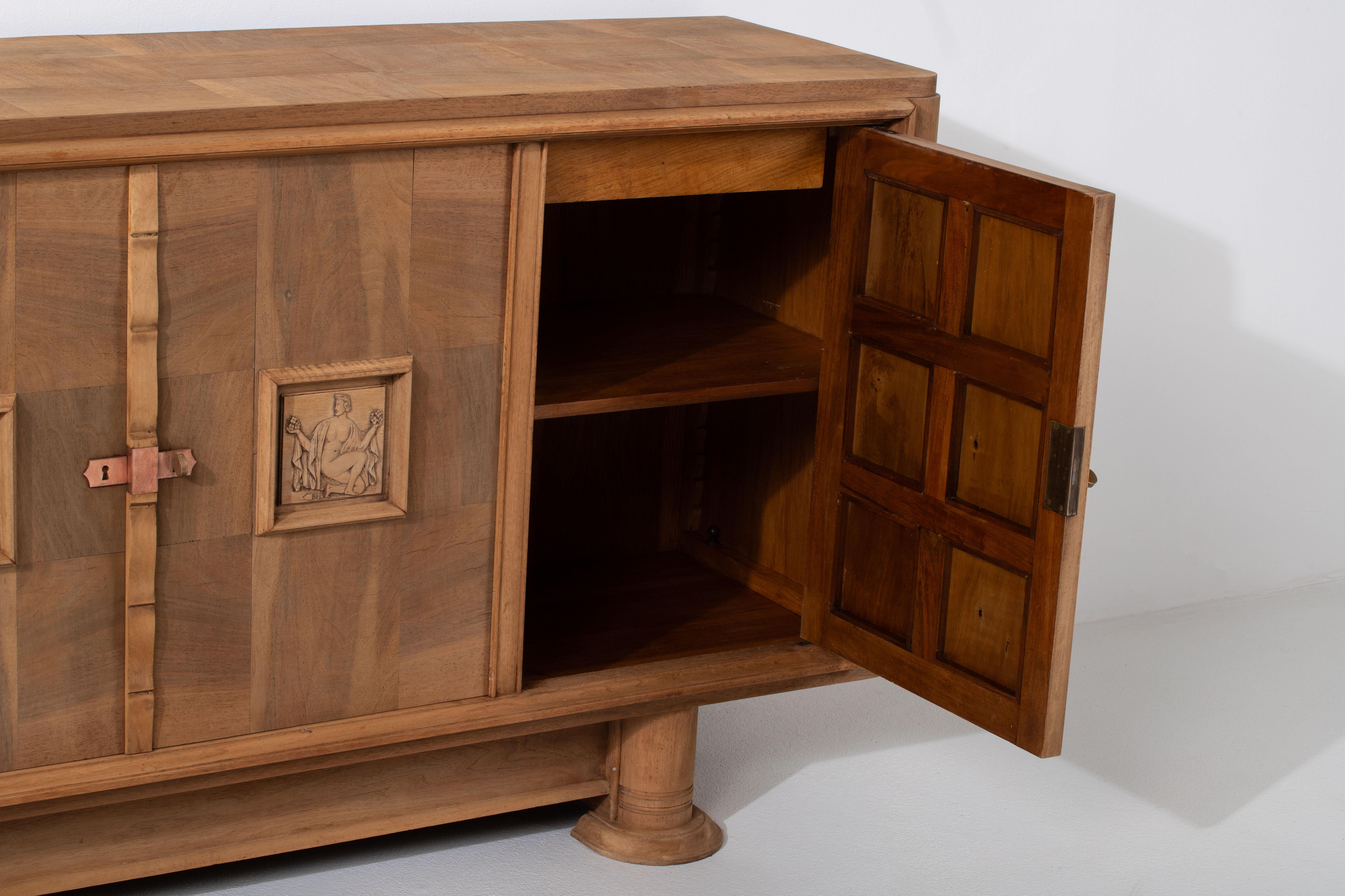 Art Deco Oak Sideboard with Handcarved Doors, France, 1940s For Sale 2