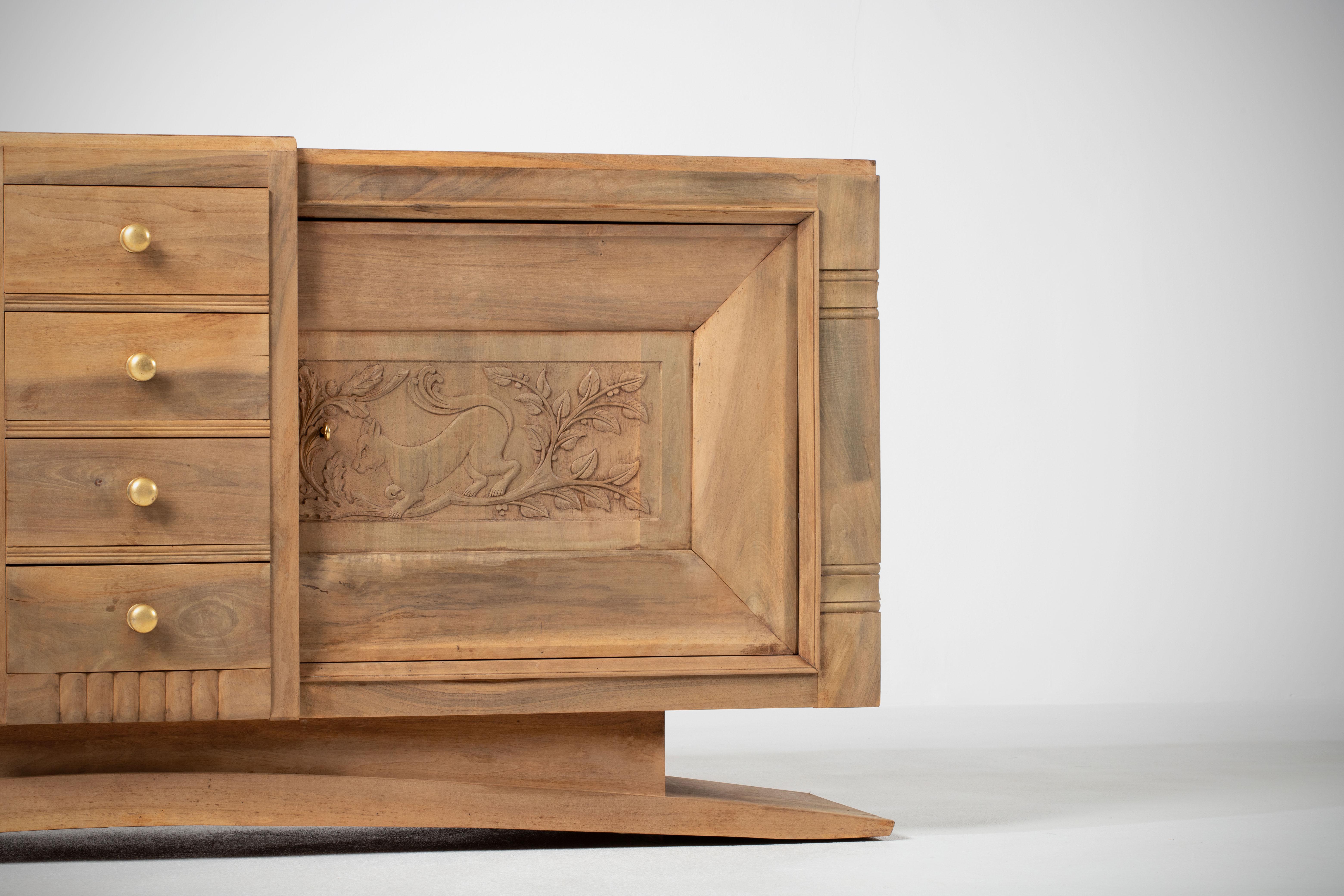 Art Deco Oak Sideboard with Handcarved Doors, France, 1940s For Sale 2