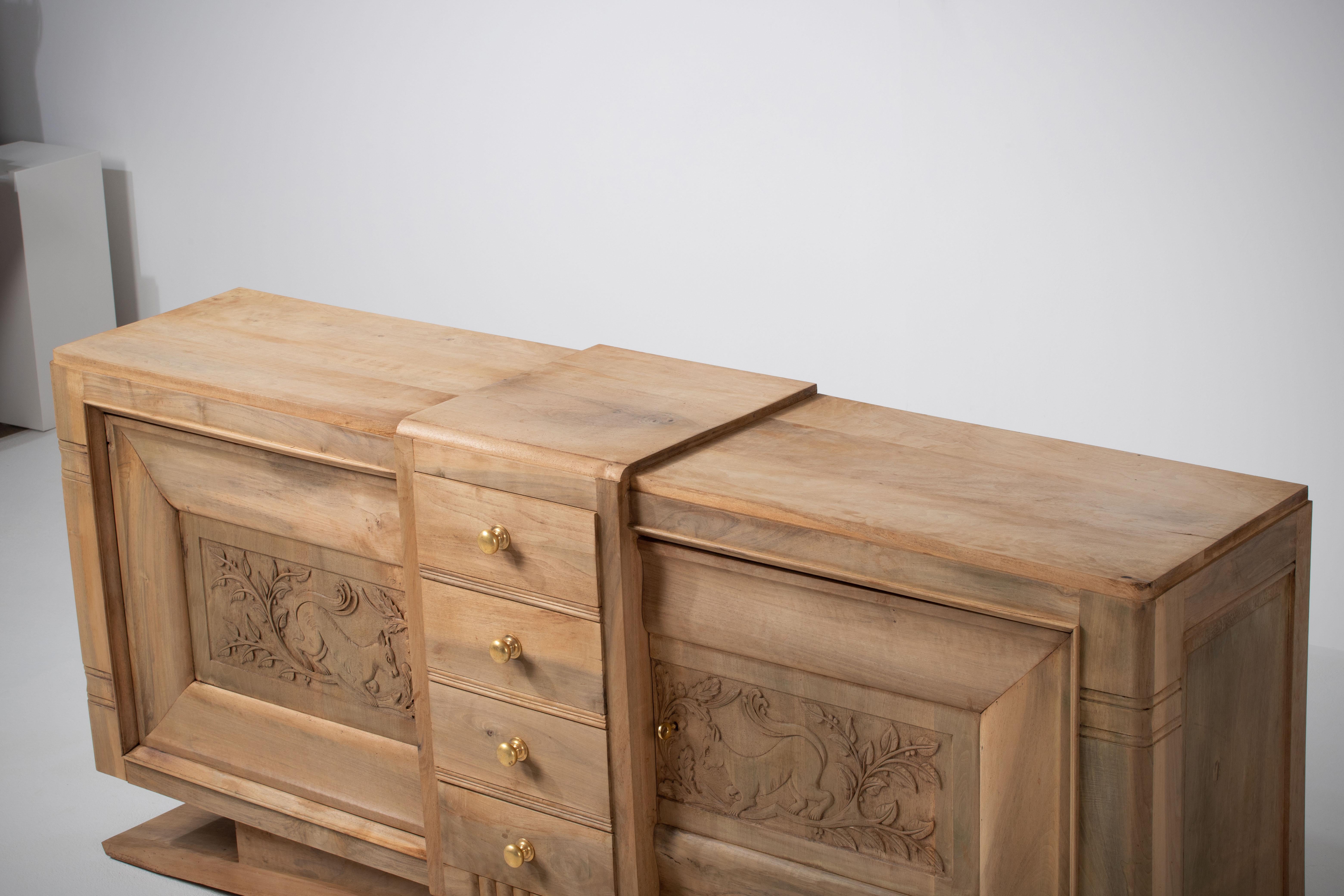 Art Deco Oak Sideboard with Handcarved Doors, France, 1940s For Sale 3