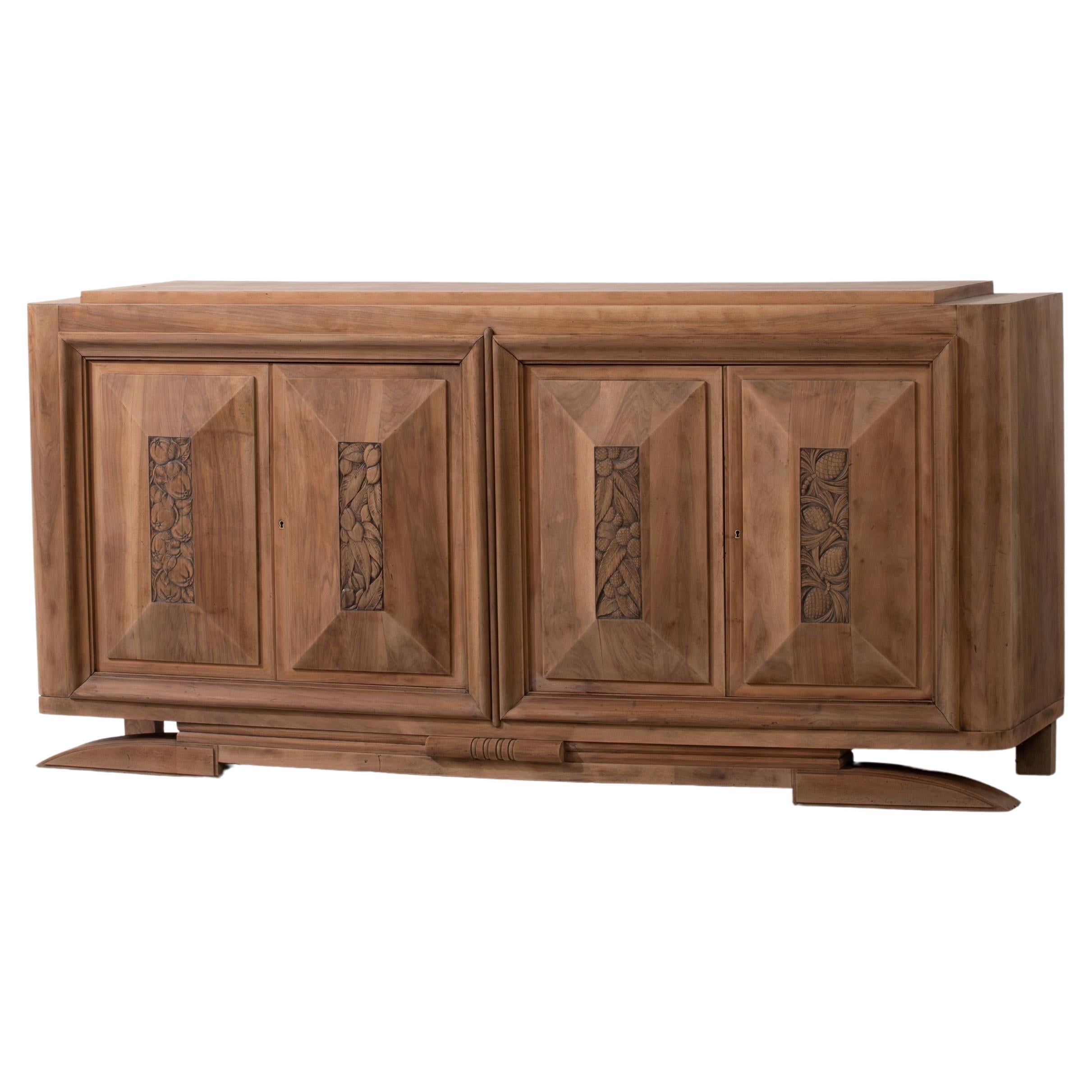 Art Deco Oak Sideboard with Handcarved Doors, France, 1940s For Sale