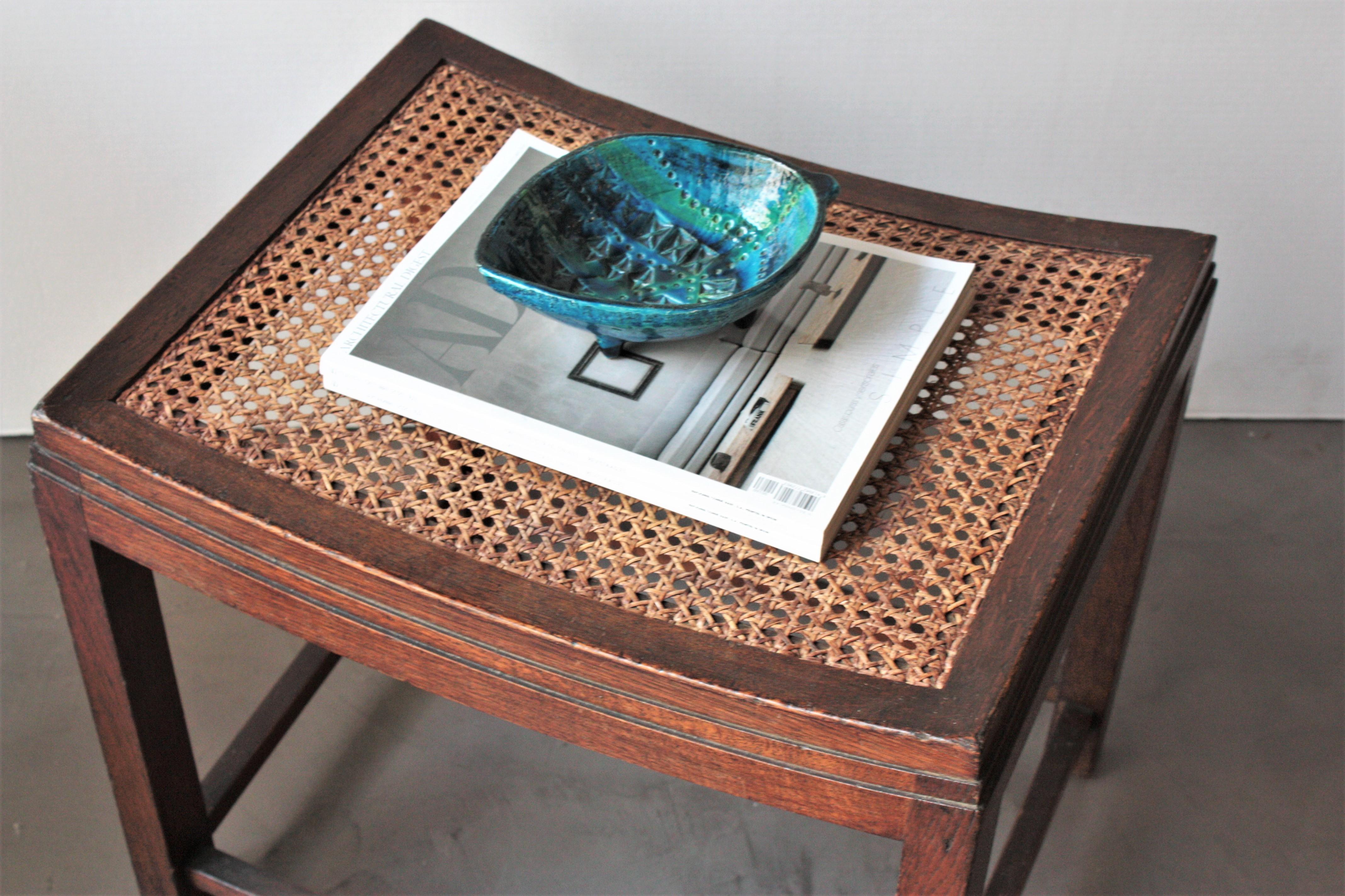 Art Deco Oak Stool with Cane Seat In Good Condition In Barcelona, ES