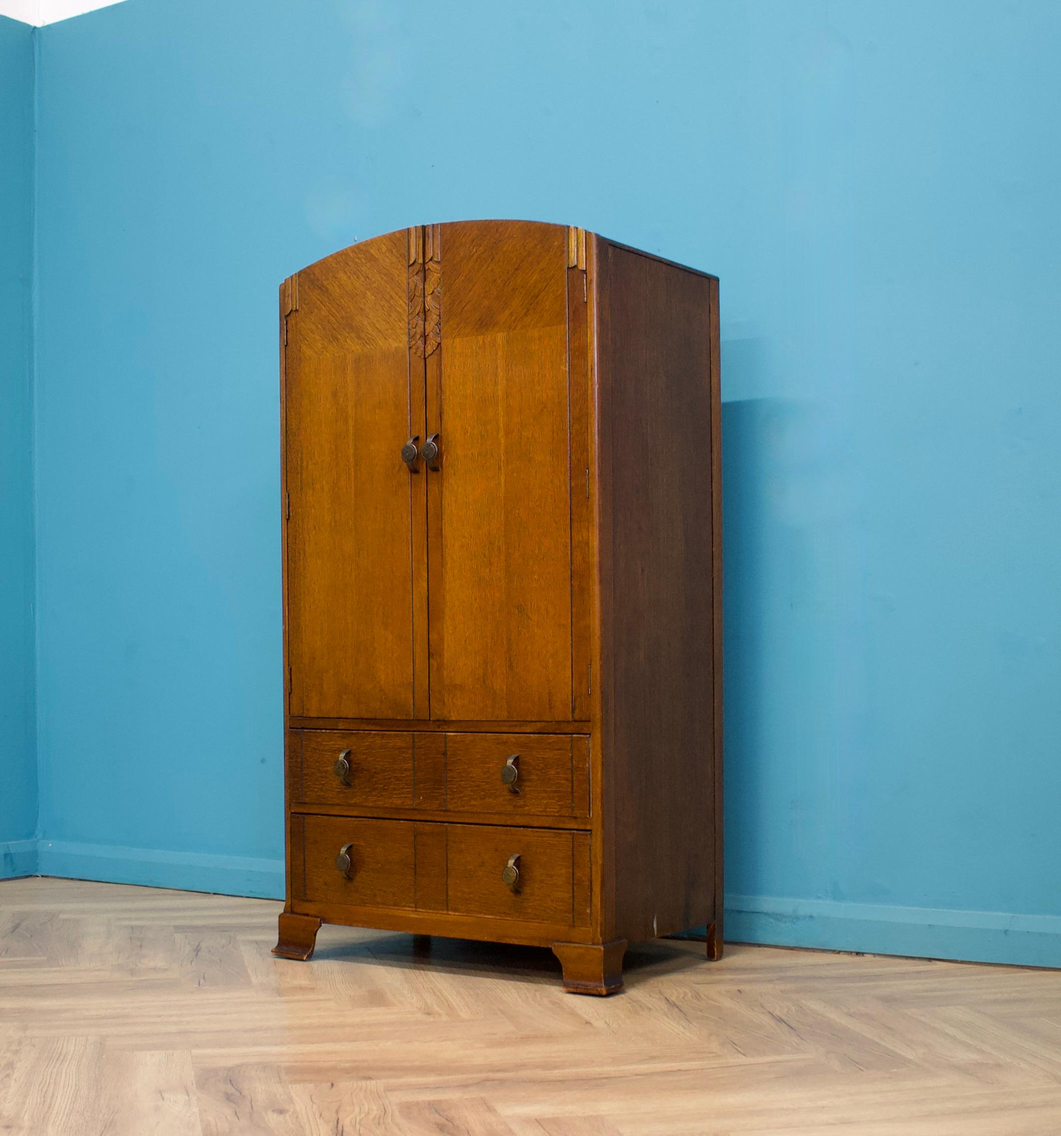 British Art Deco Oak Tallboy Linen Cabinet, 1930s For Sale