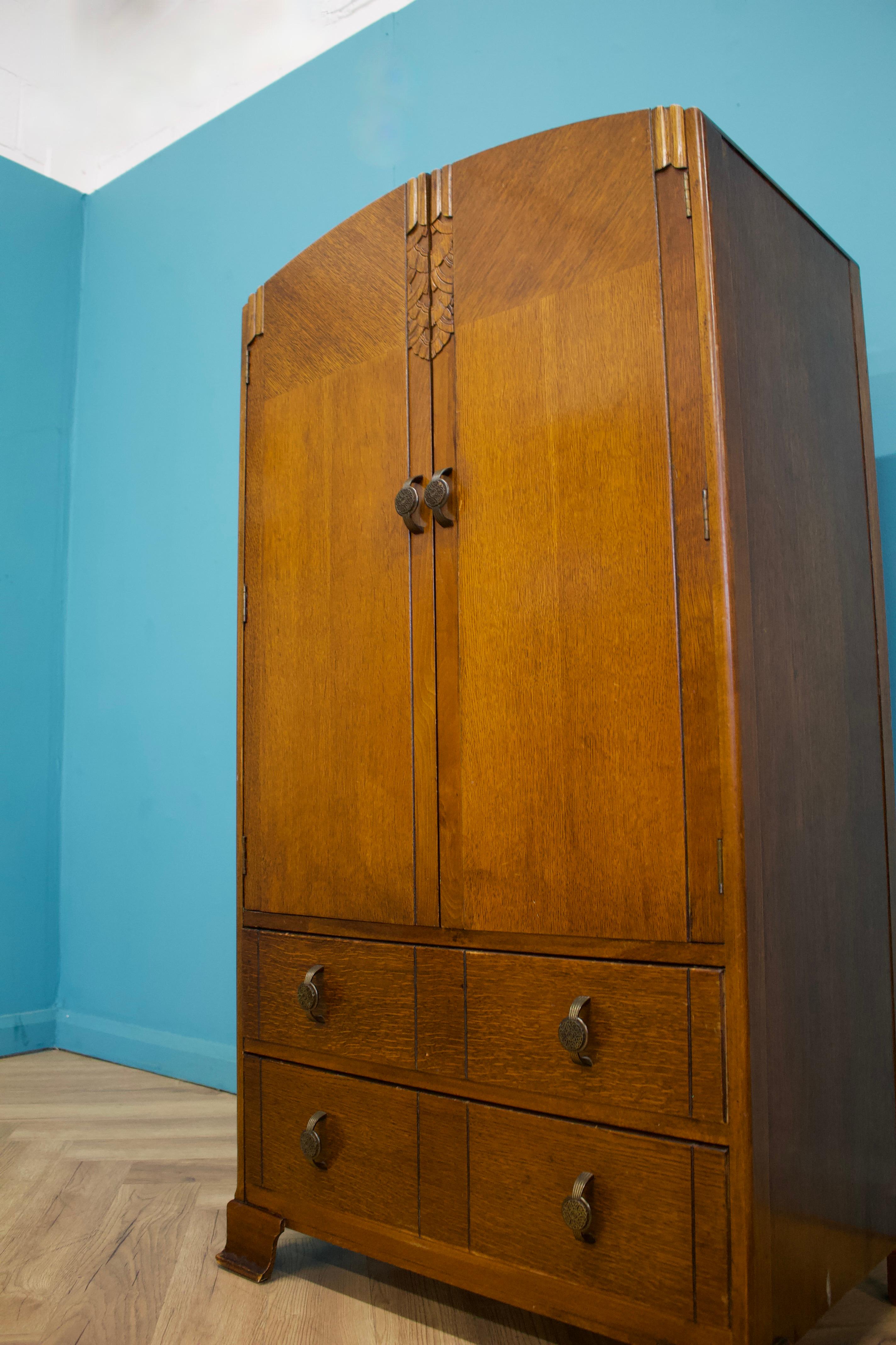 Early 20th Century Art Deco Oak Tallboy Linen Cabinet, 1930s For Sale