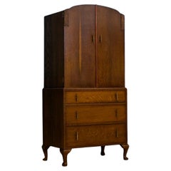 Art Deco Oak Tallboy Linen Cabinet, 1930s