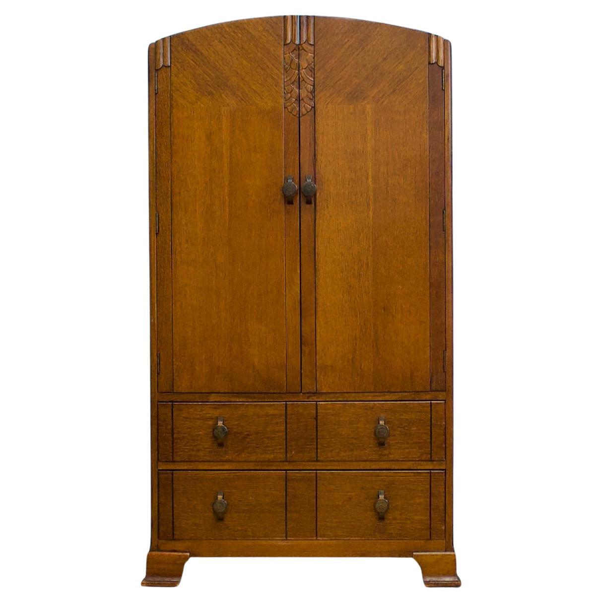 Art Deco Oak Tallboy Linen Cabinet, 1930s For Sale