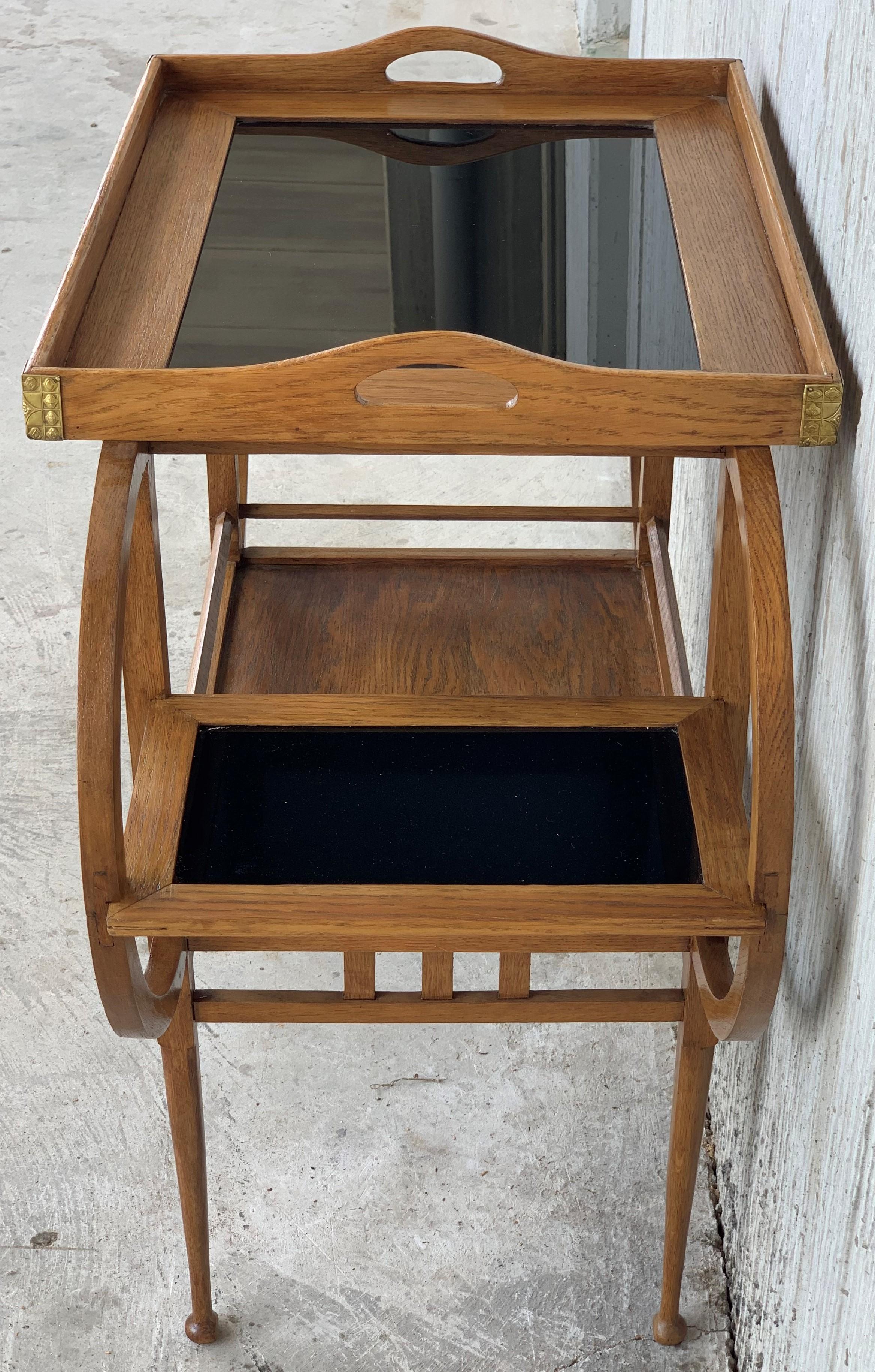 Art Deco Oak Tray Table or Bar Table with Black Glass Shelves, France, 1935 2