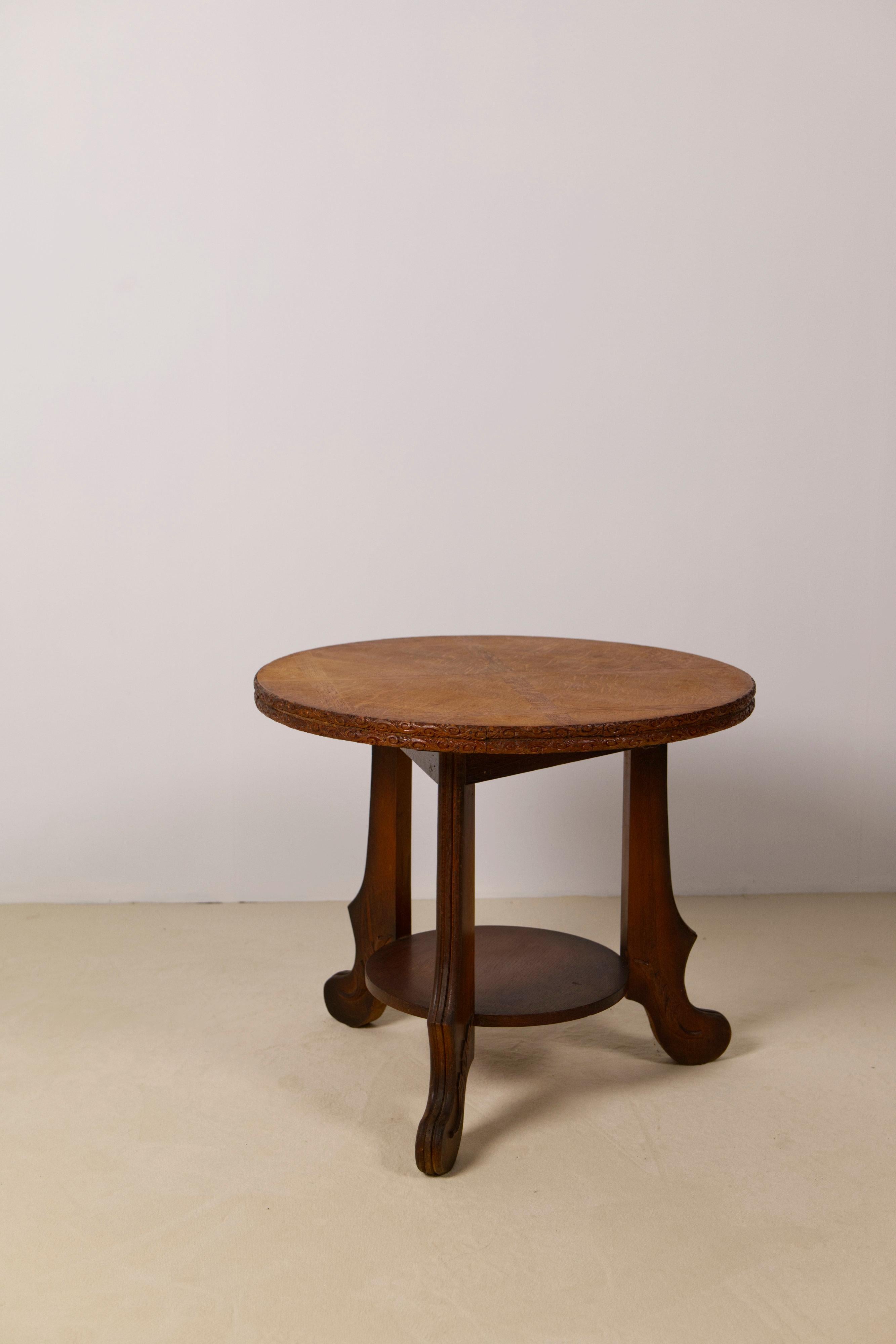 Carved Art Deco Oak two-tiered side table, Belgium 1930's For Sale