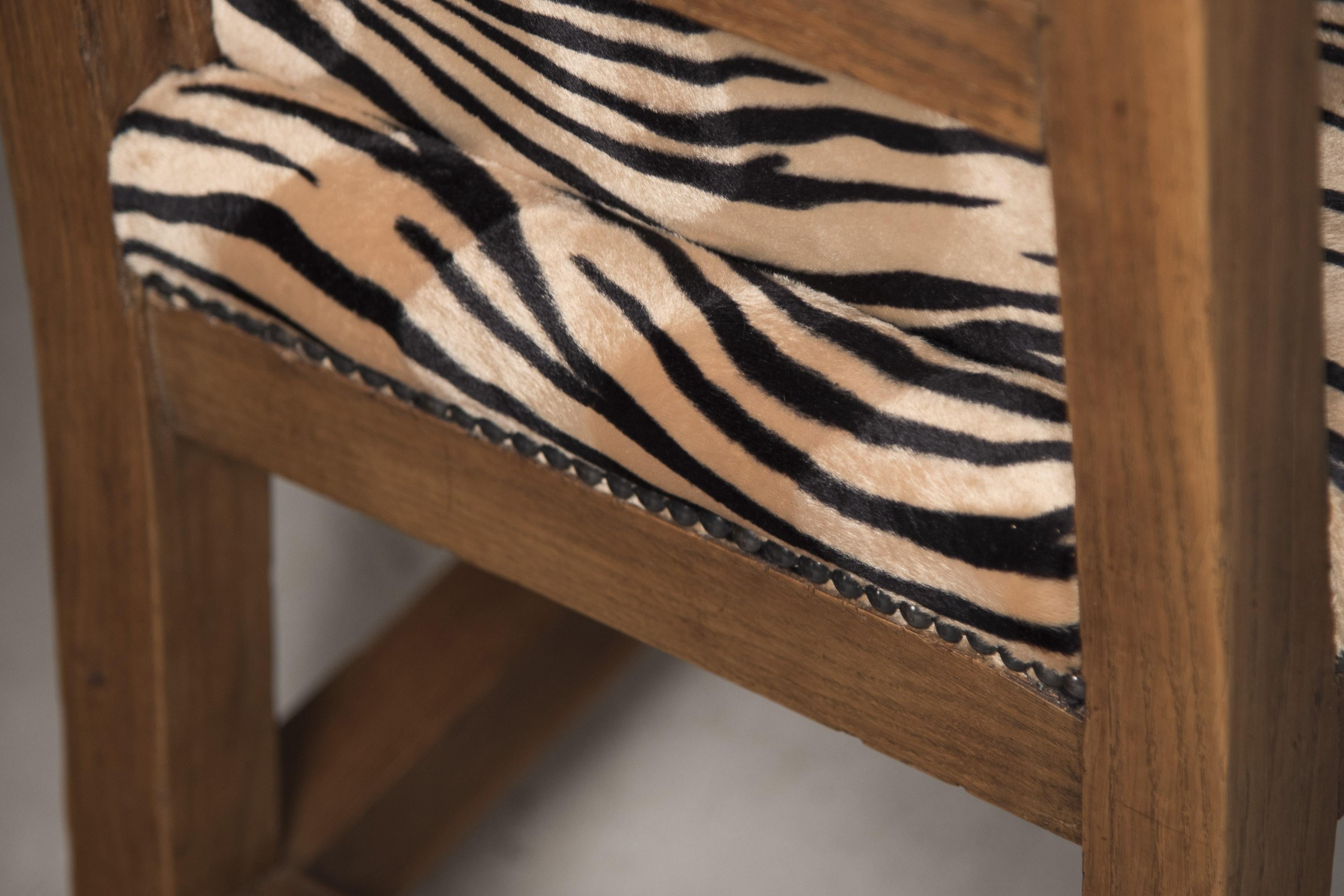 Art Deco Oak Velvet Tiger Upholstery Dining Chairs Set of Eight For Sale 6