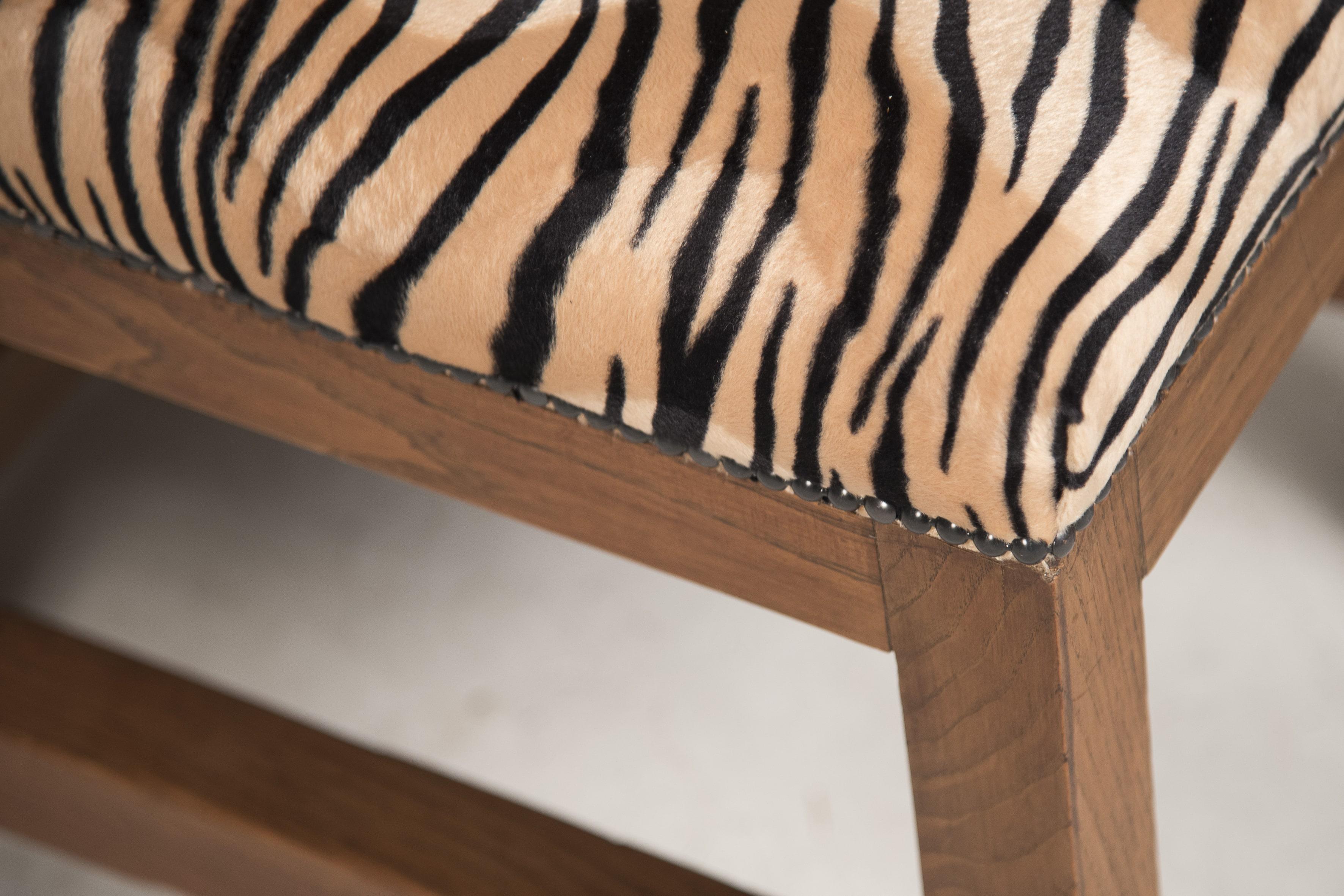 Art Deco Oak Velvet Tiger Upholstery Dining Chairs Set of Eight For Sale 9