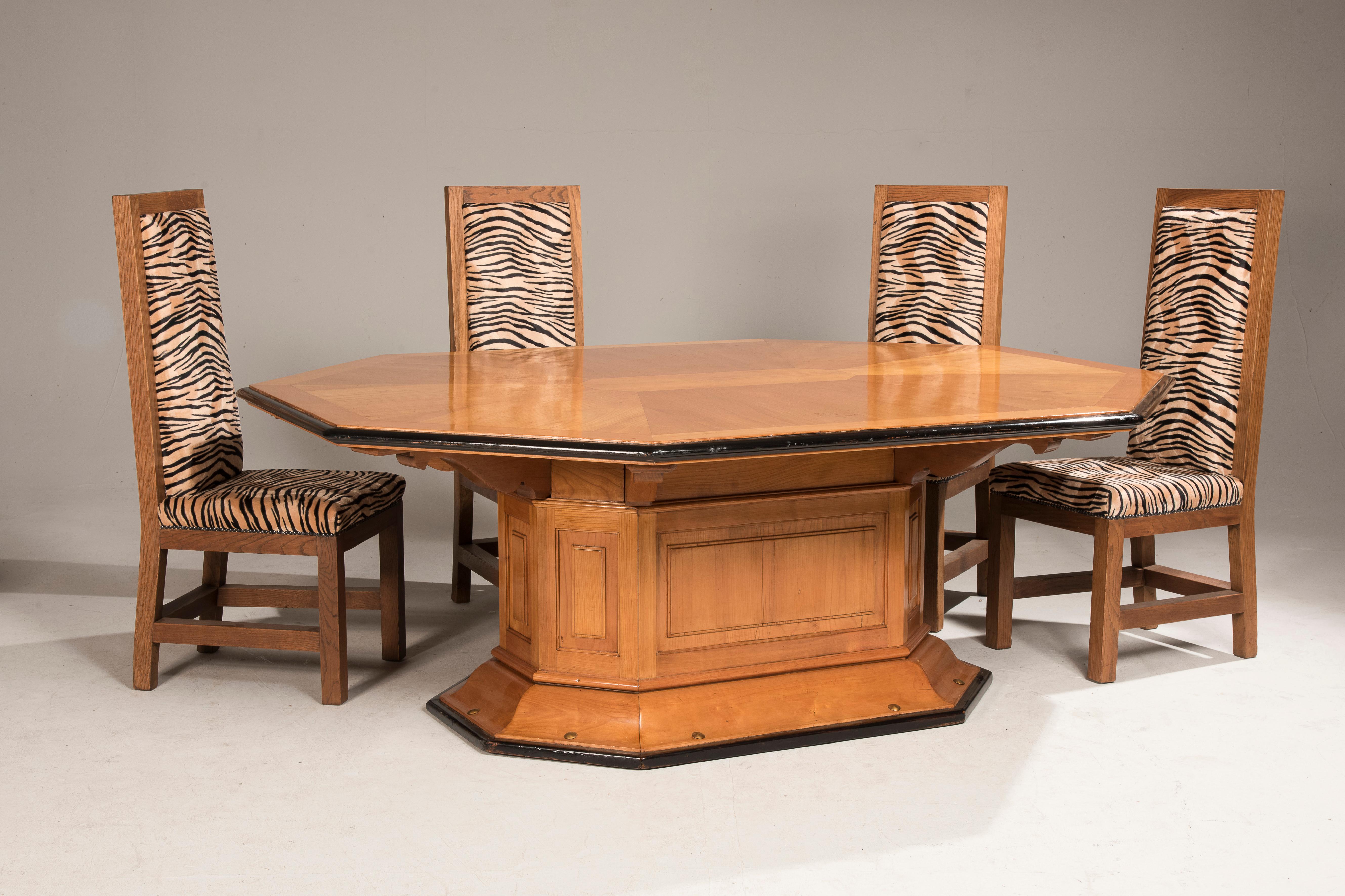 Art Deco Oak Velvet Tiger Upholstery Dining Chairs Set of Eight For Sale 10