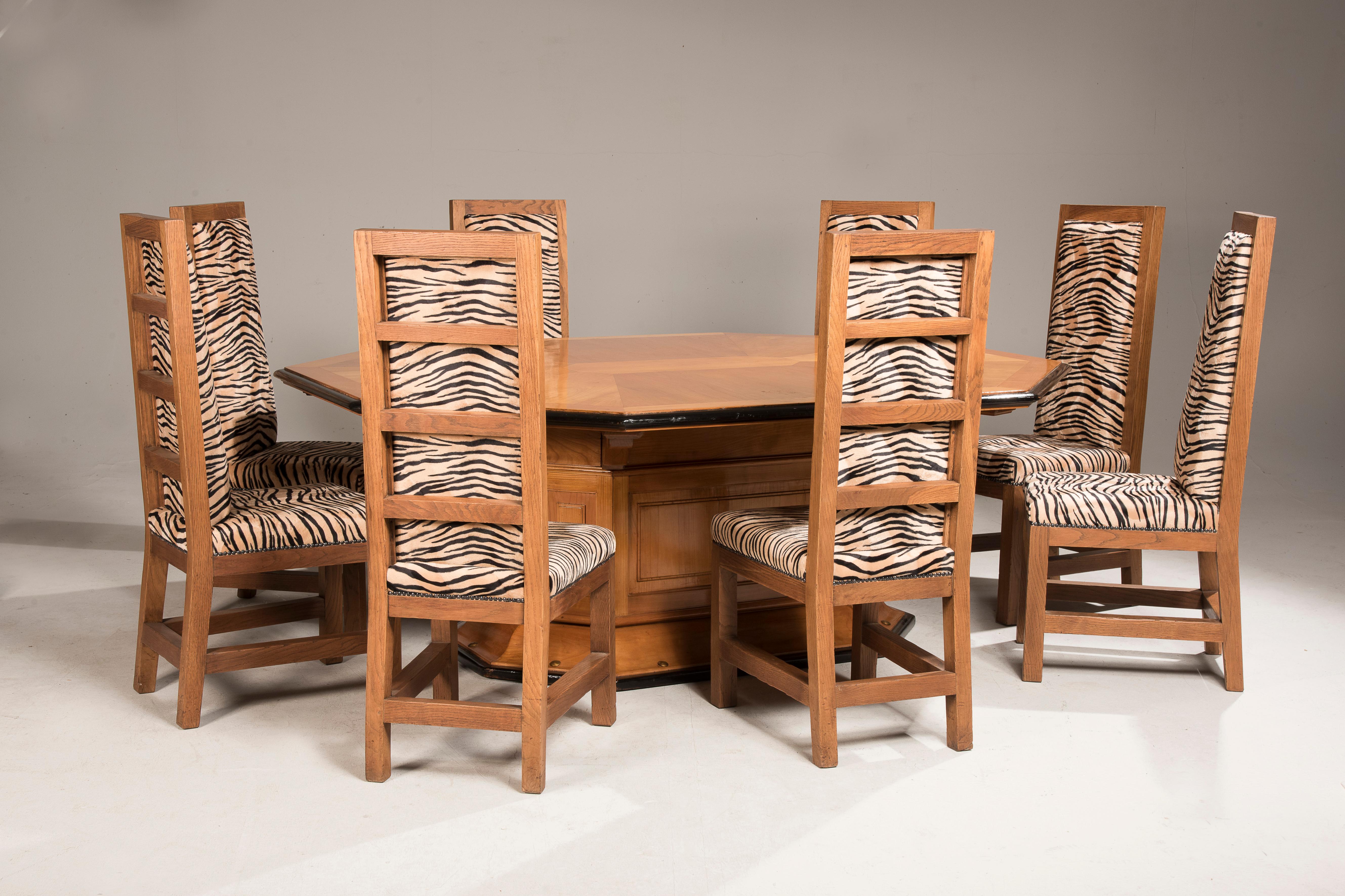 Art Deco Oak Velvet Tiger Upholstery Dining Chairs Set of Eight For Sale 11