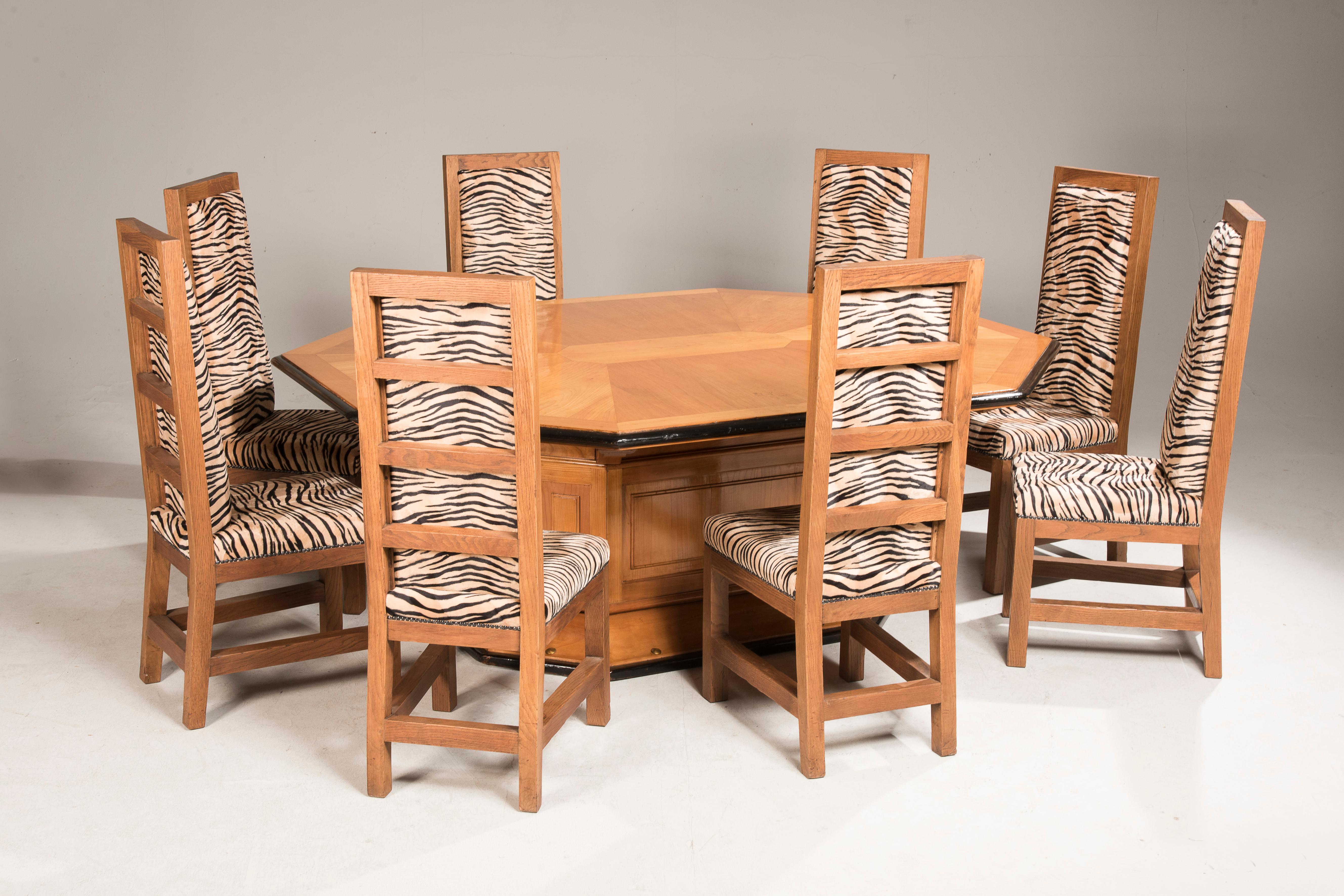 Art Deco Oak Velvet Tiger Upholstery Dining Chairs Set of Eight For Sale 12