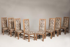 Art Deco Oak Velvet Tiger Upholstery Dining Chairs Set of Eight