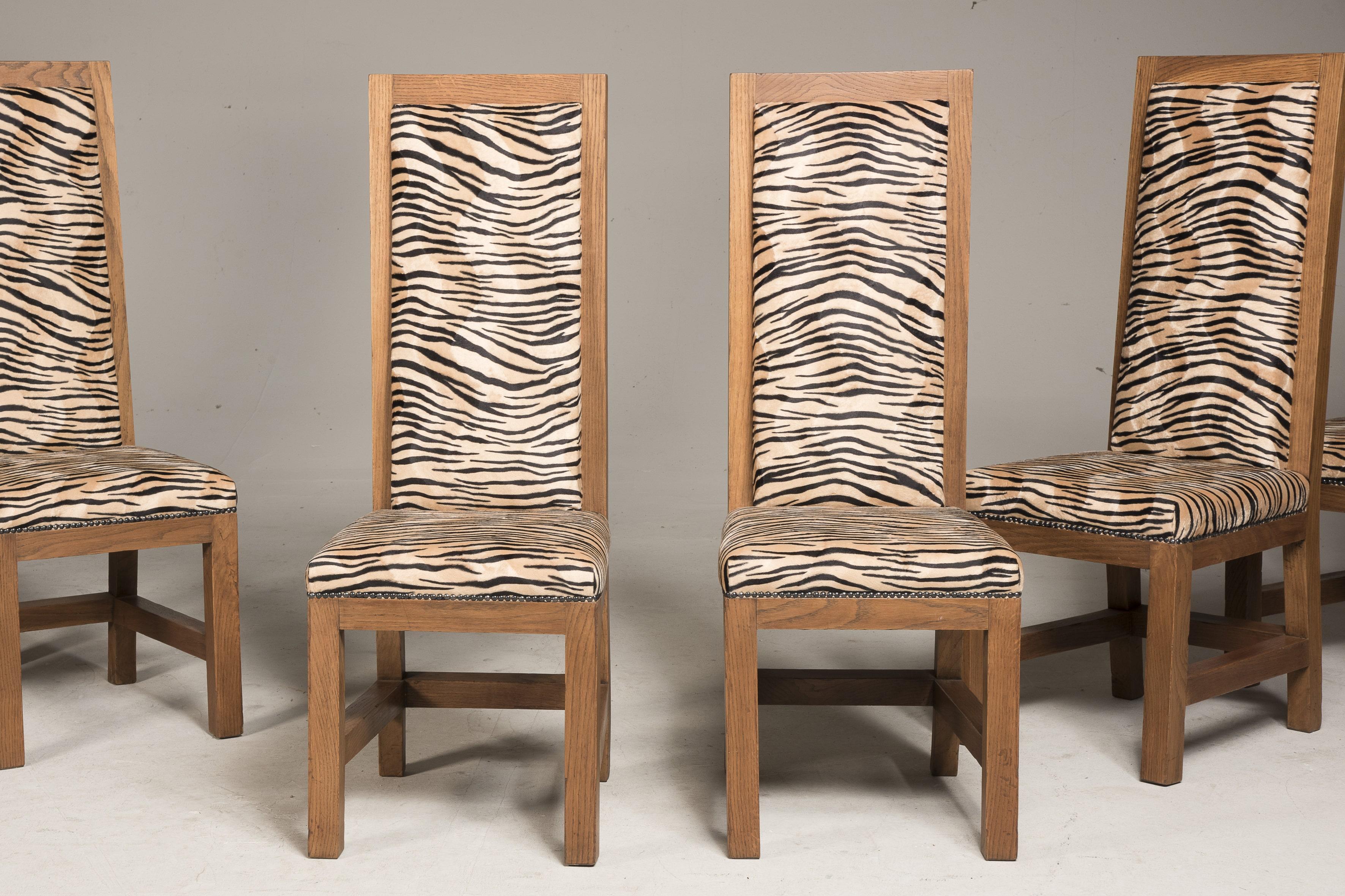 Mid-Century Modern Art Deco Oak Velvet Tiger Upholstery Dining Chairs Set of Eight For Sale