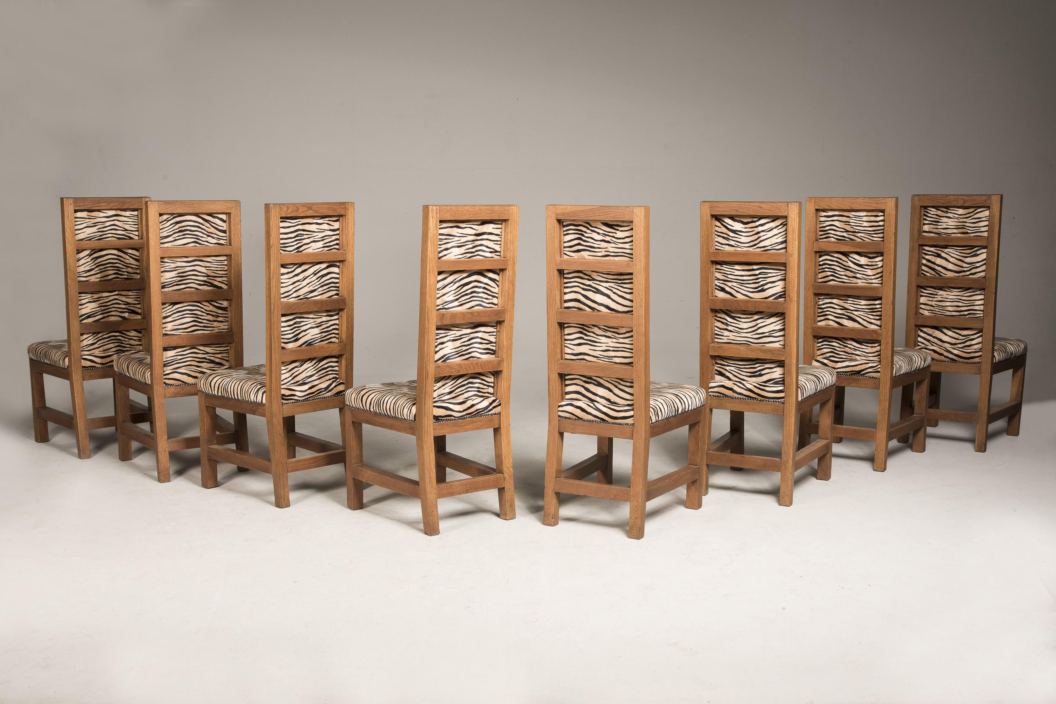 European Art Deco Oak Velvet Tiger Upholstery Dining Chairs Set of Eight For Sale