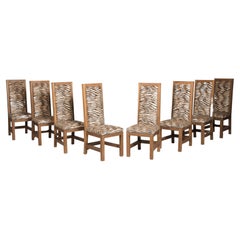 Art Deco Oak Velvet Tiger Upholstery Dining Chairs Set of Six