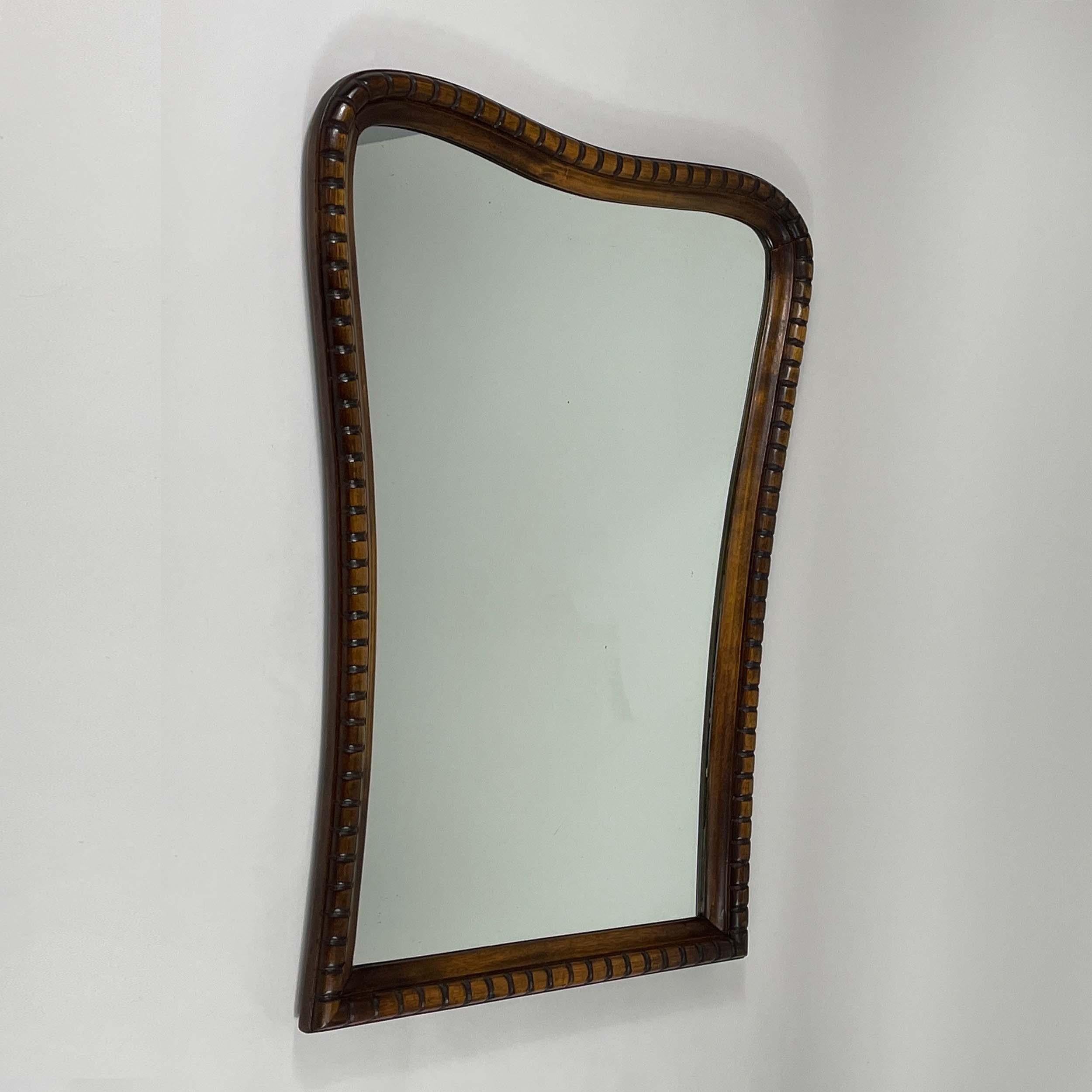 Stained Art Deco Oak Wall Mirror, Italy 1940s