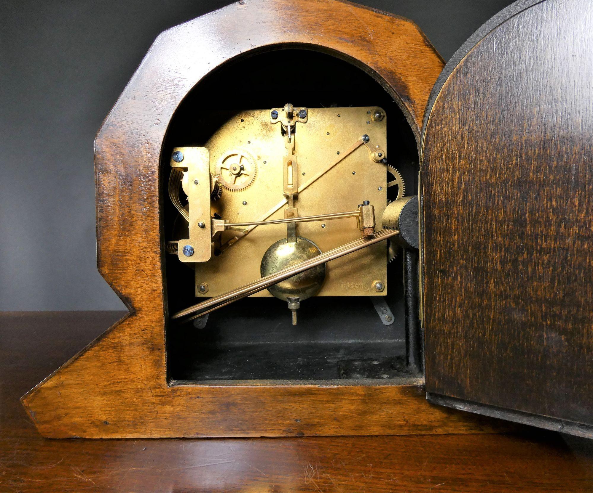 Art Deco Oak Westminster Chiming Mantel Clock For Sale 1