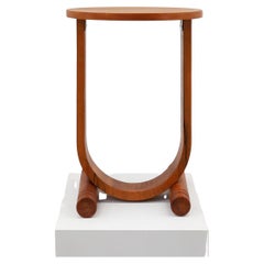 Art deco oak wooden round side table with bended leg, France 1920s