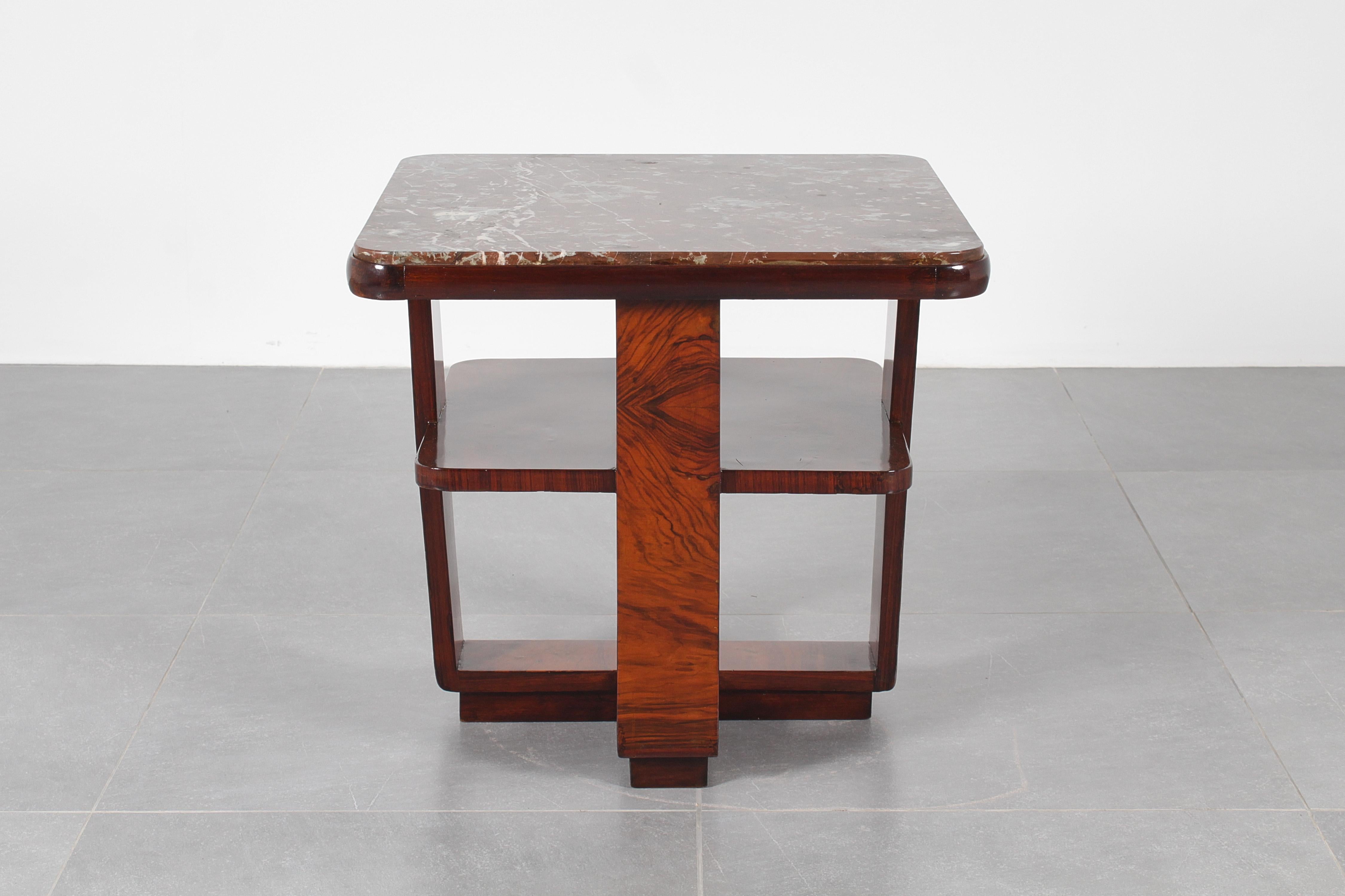 Art Déco O.Borsani Style Square Table in Bent Wood and Dark Red Marble 30s Italy 5