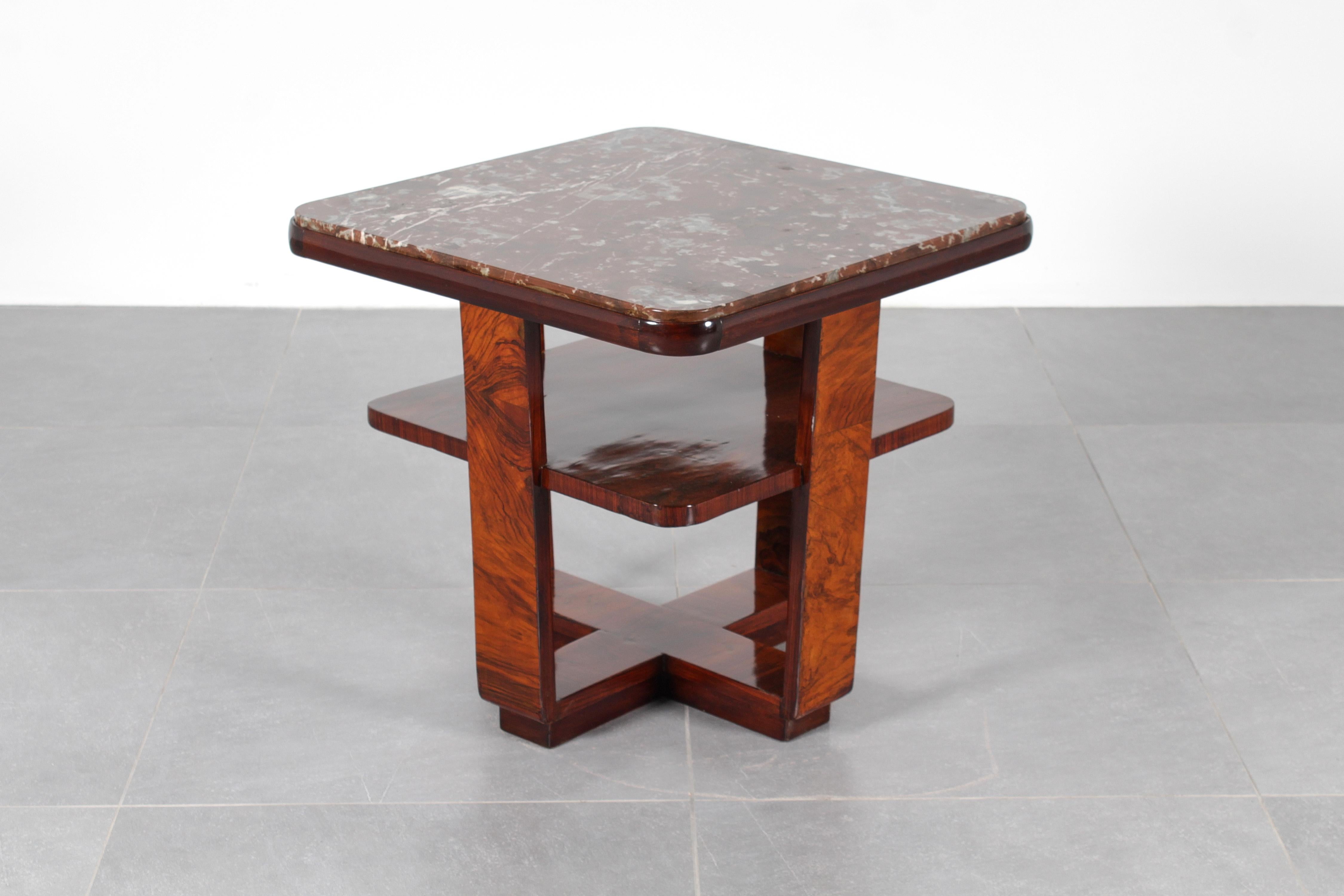 Art Déco O.Borsani Style Square Table in Bent Wood and Dark Red Marble 30s Italy 6