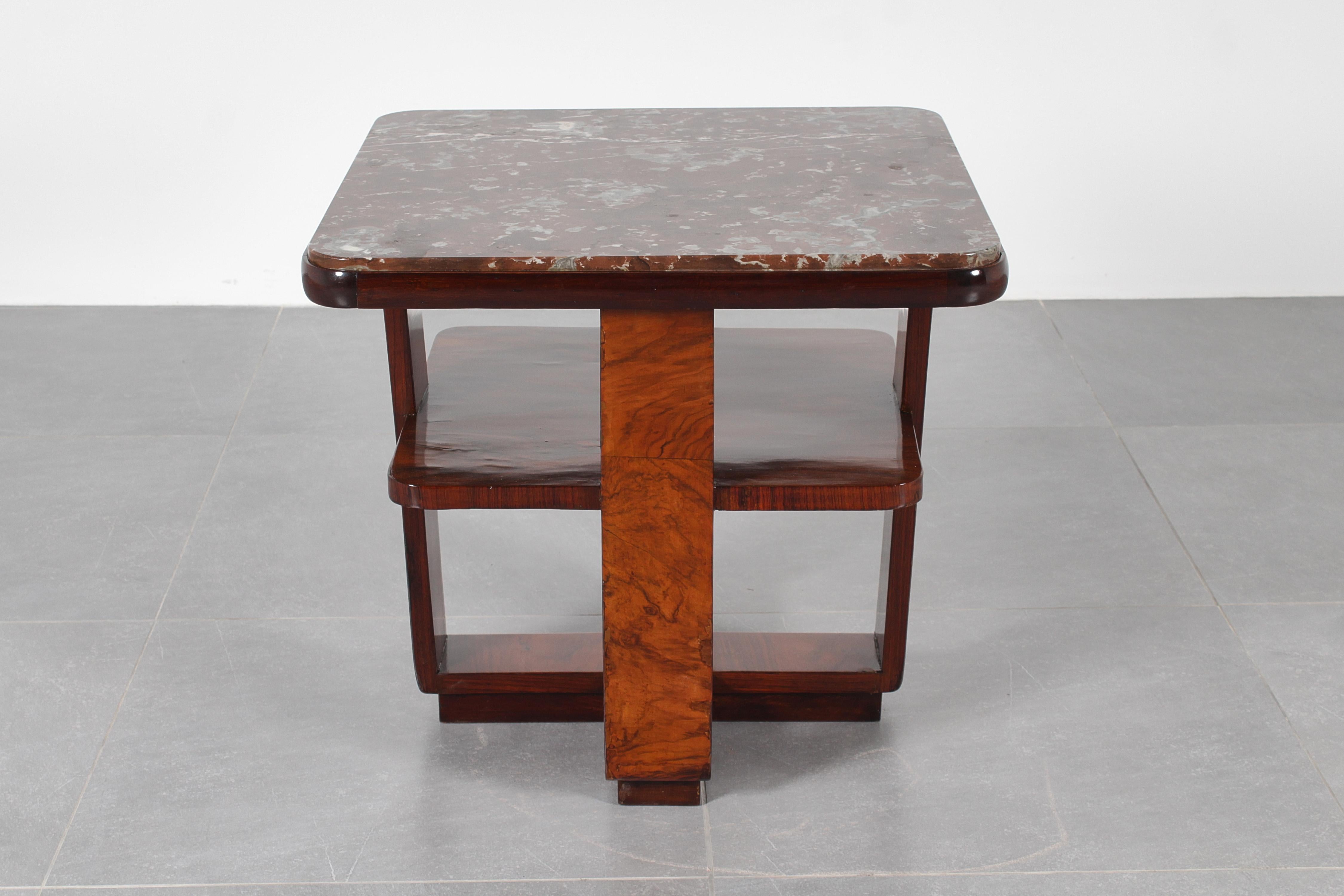 Art Déco O.Borsani Style Square Table in Bent Wood and Dark Red Marble 30s Italy 7