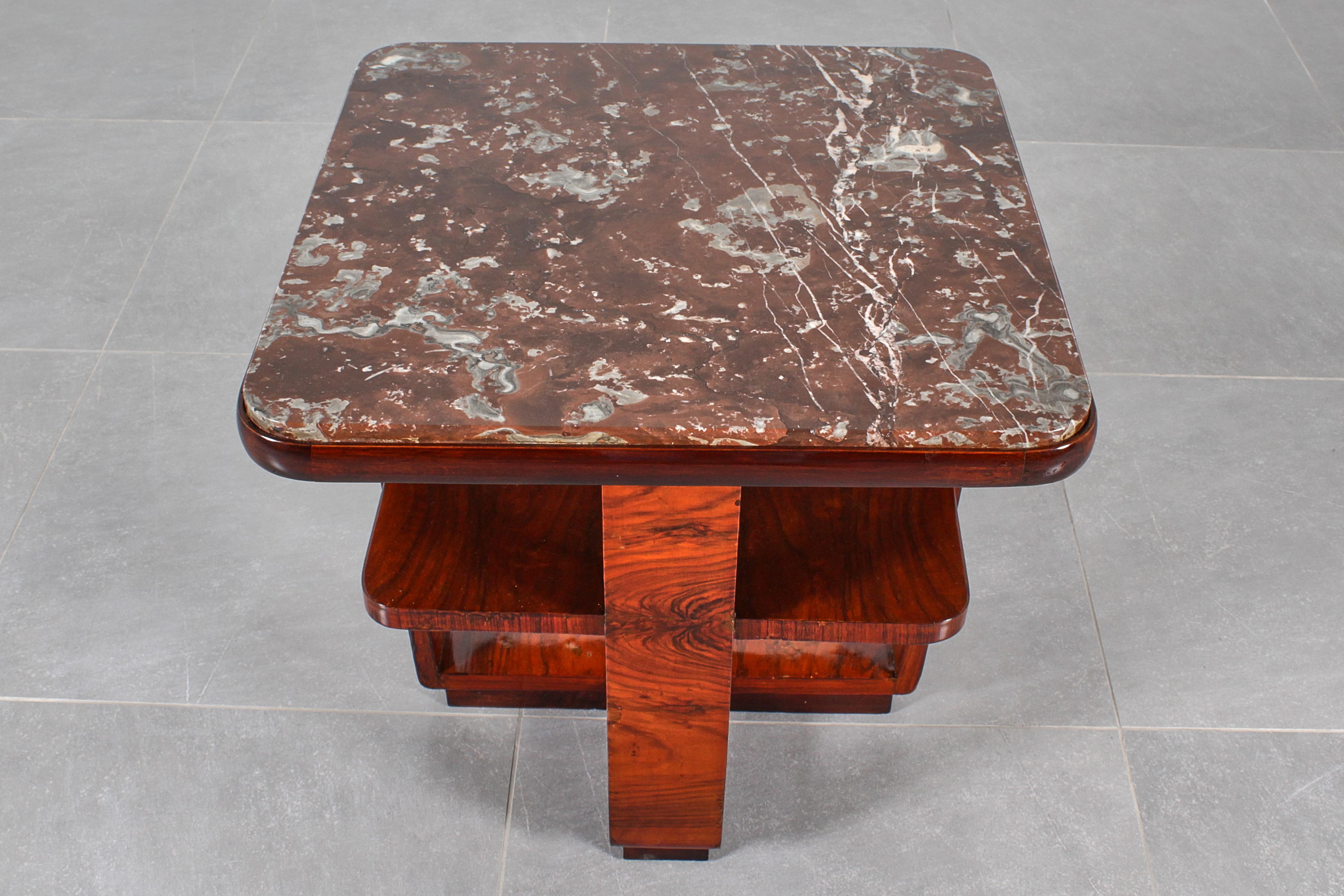 Art Deco Art Déco O.Borsani Style Square Table in Bent Wood and Dark Red Marble 30s Italy