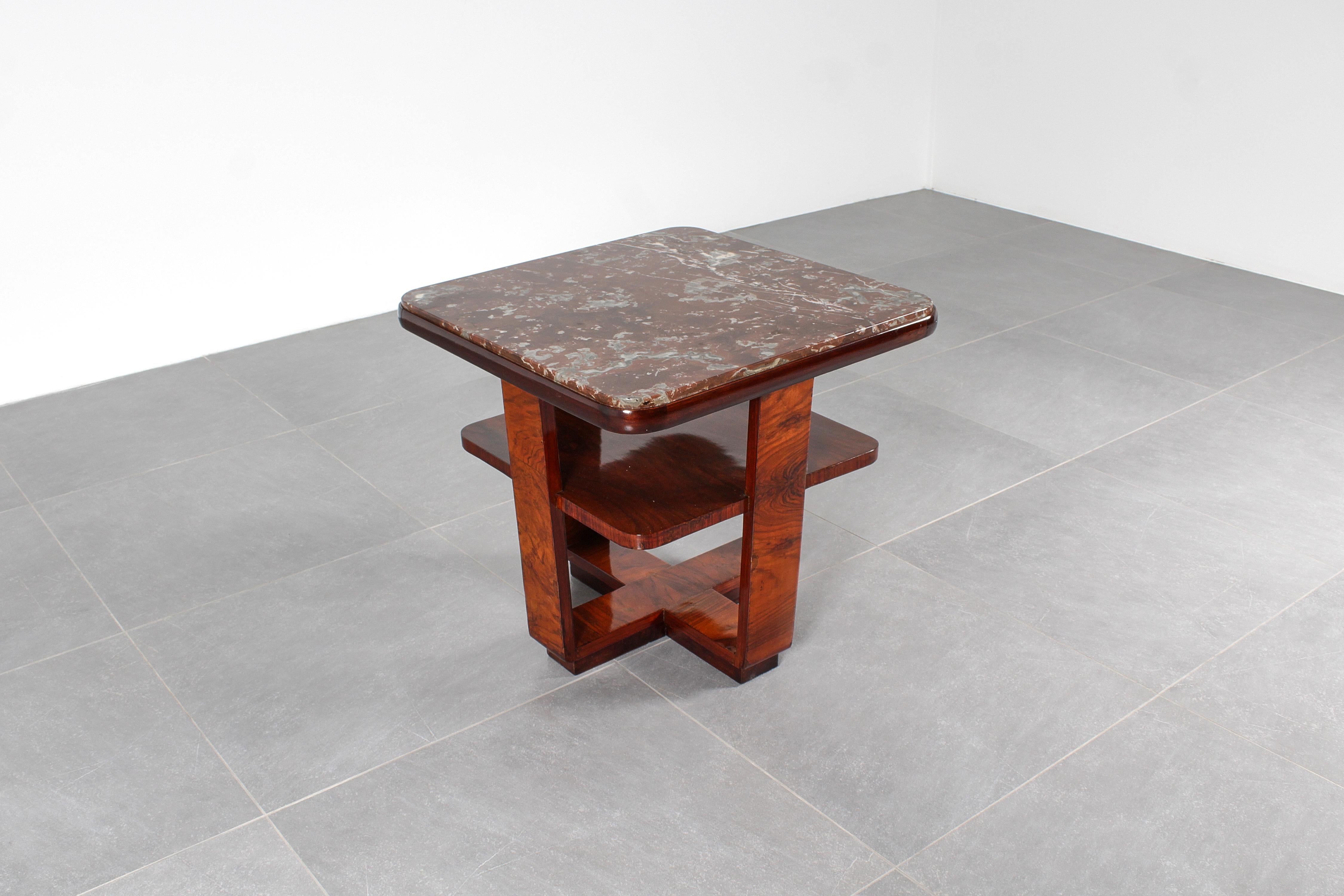 Italian Art Déco O.Borsani Style Square Table in Bent Wood and Dark Red Marble 30s Italy