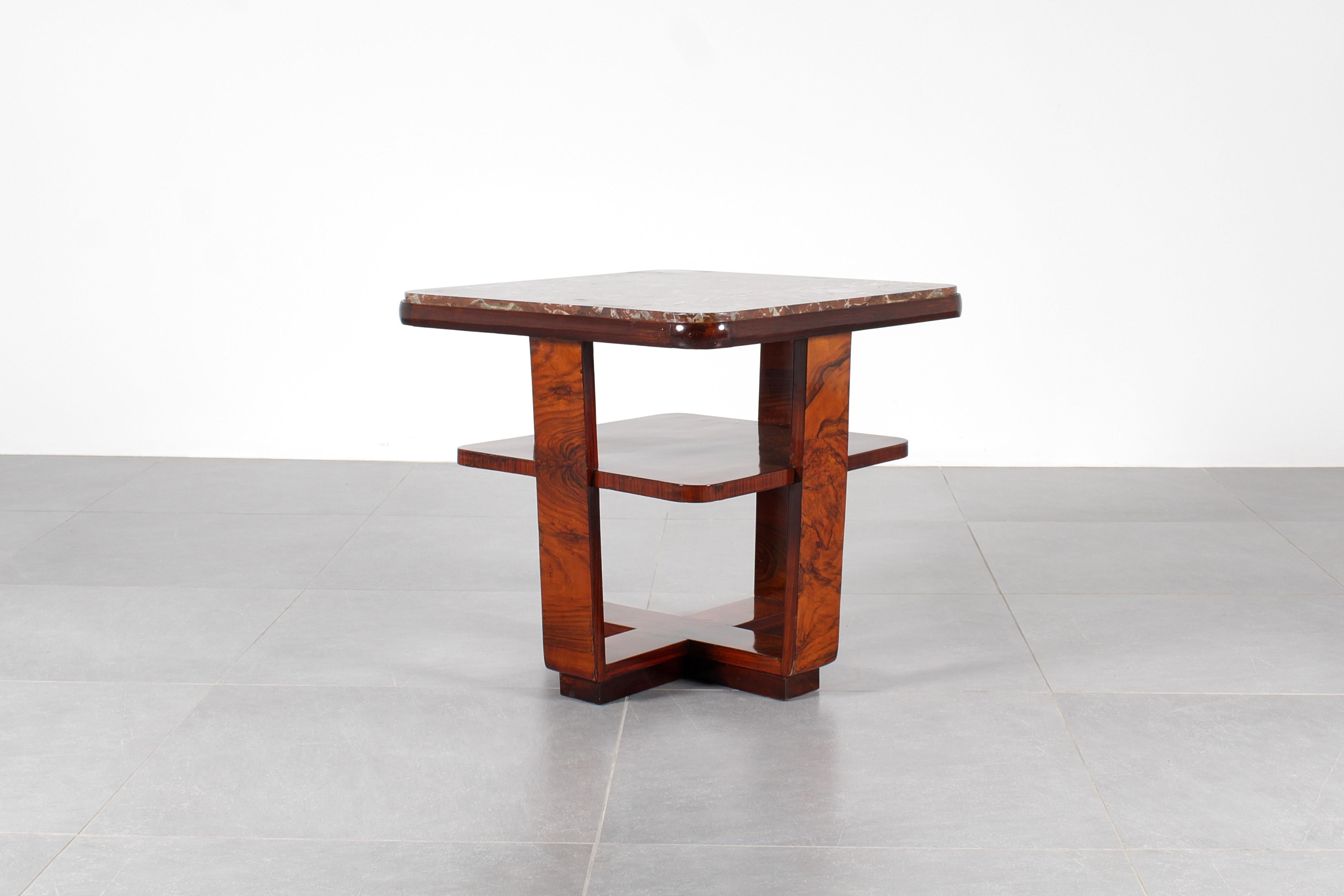 Art Déco O.Borsani Style Square Table in Bent Wood and Dark Red Marble 30s Italy In Good Condition In Palermo, IT